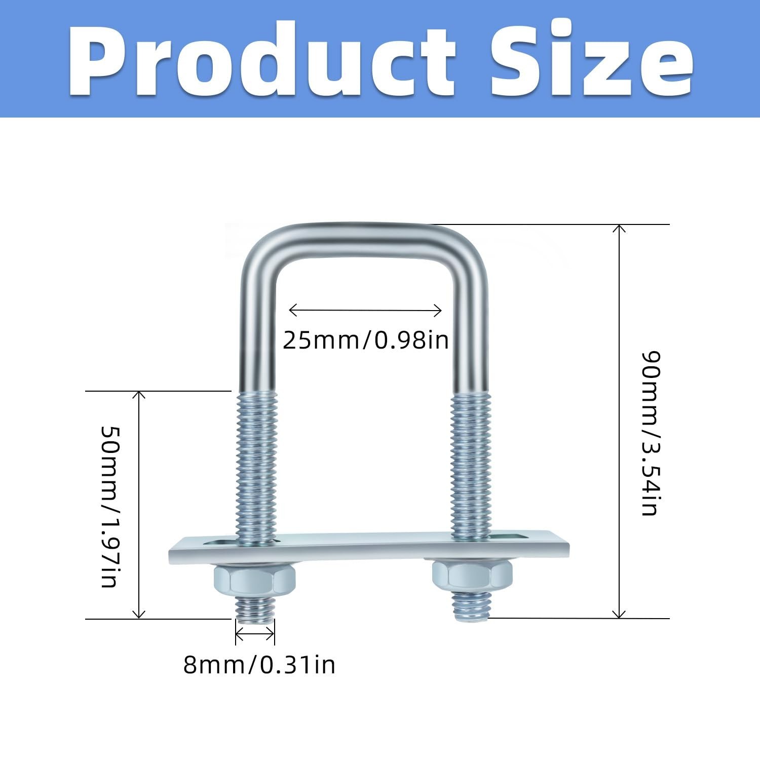 Mellewell 4 Sets M8 Square U Bolts, U Bolts 25mm (1″) Width 90mm (3.54″) Leng…
