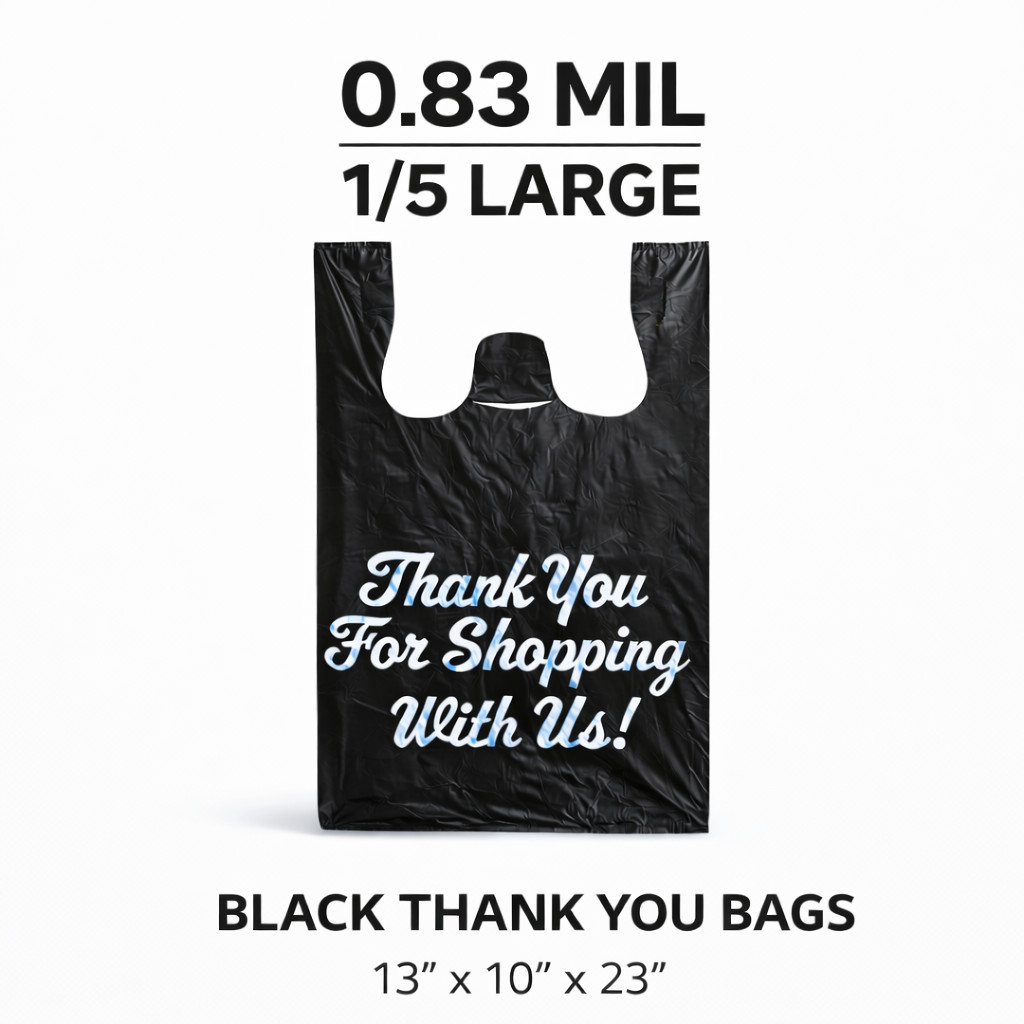 Bags 1/5 13 x 10 x 23 BLACK Thank you T-Shirt Plastic Grocery Bags 0.83 Mil