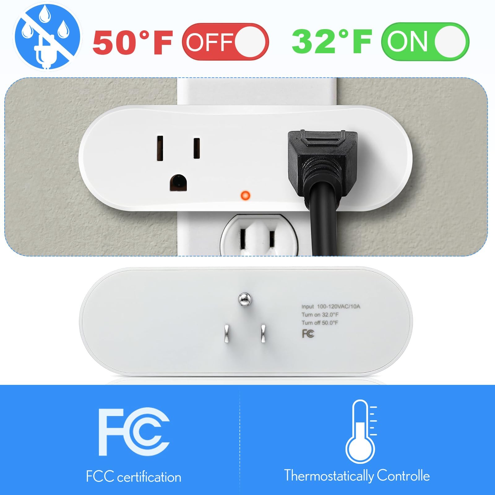 2 Packs Thermostatically Controlled Outlet, On at 32°F/Off 50°F Plug White