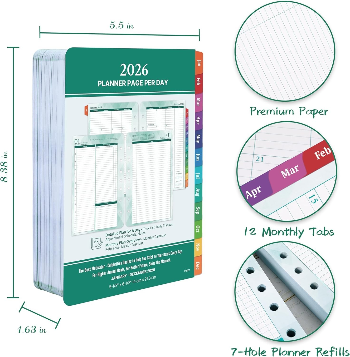 2026 Planner Refills Daily & Monthly Organizer 5.5×8.4 Green Tasks Quotes