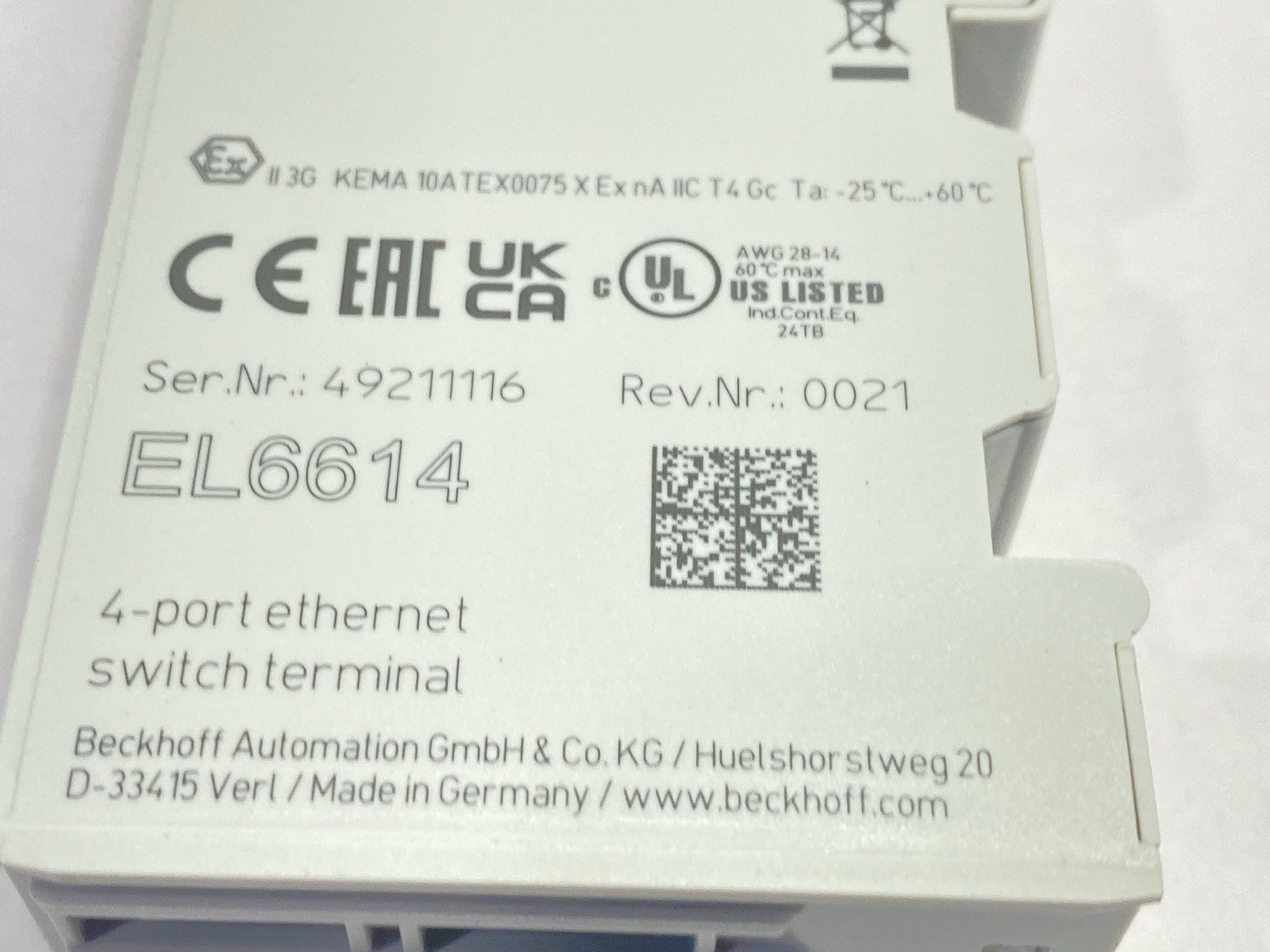 Beckhoff EL6614 EtherCAT Terminal 4-Port Ethernet Switch Communication Interface