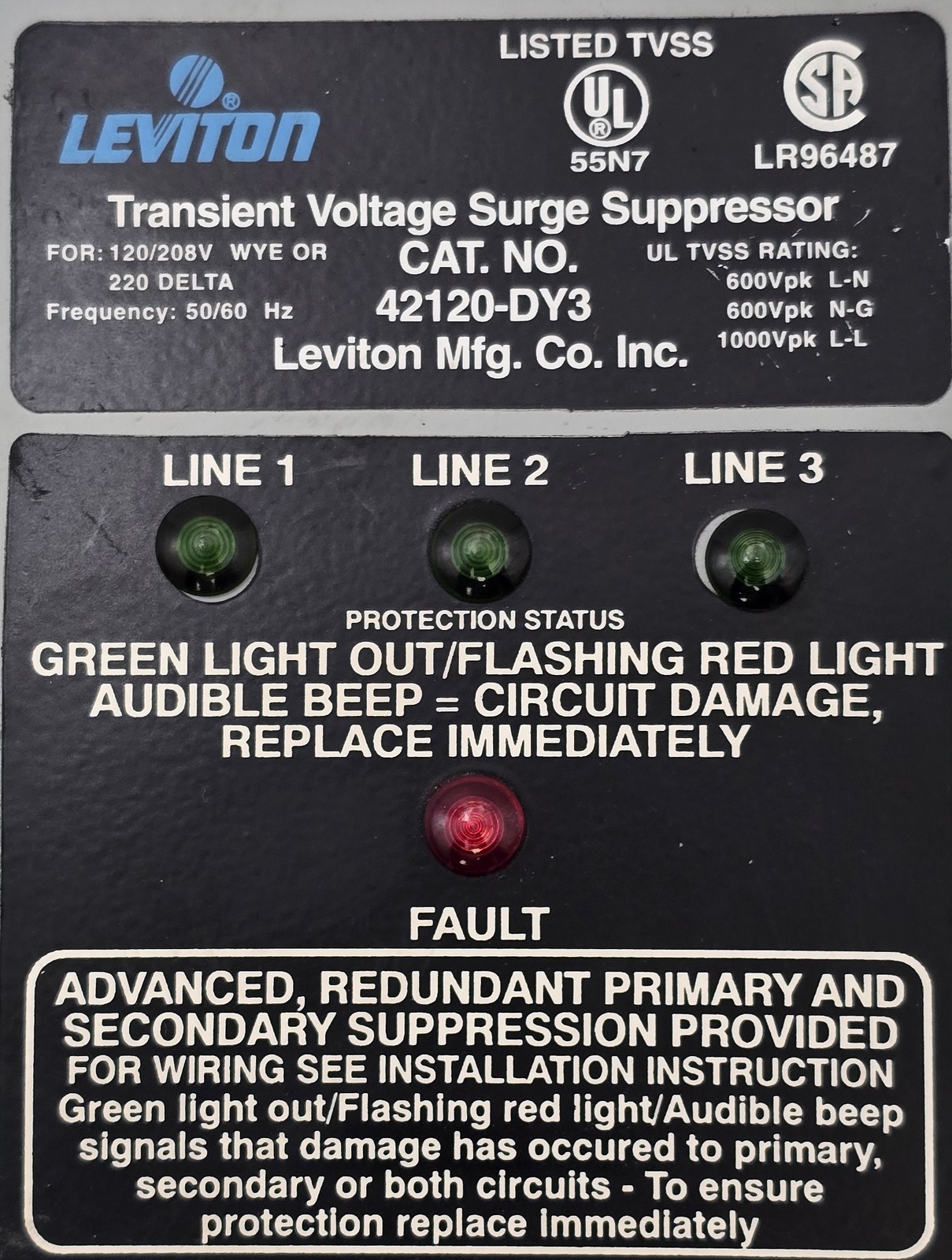 Leviton 42120-DY3 Transient Voltage Surge Suppressor 120/208V WYE or 220 Delta