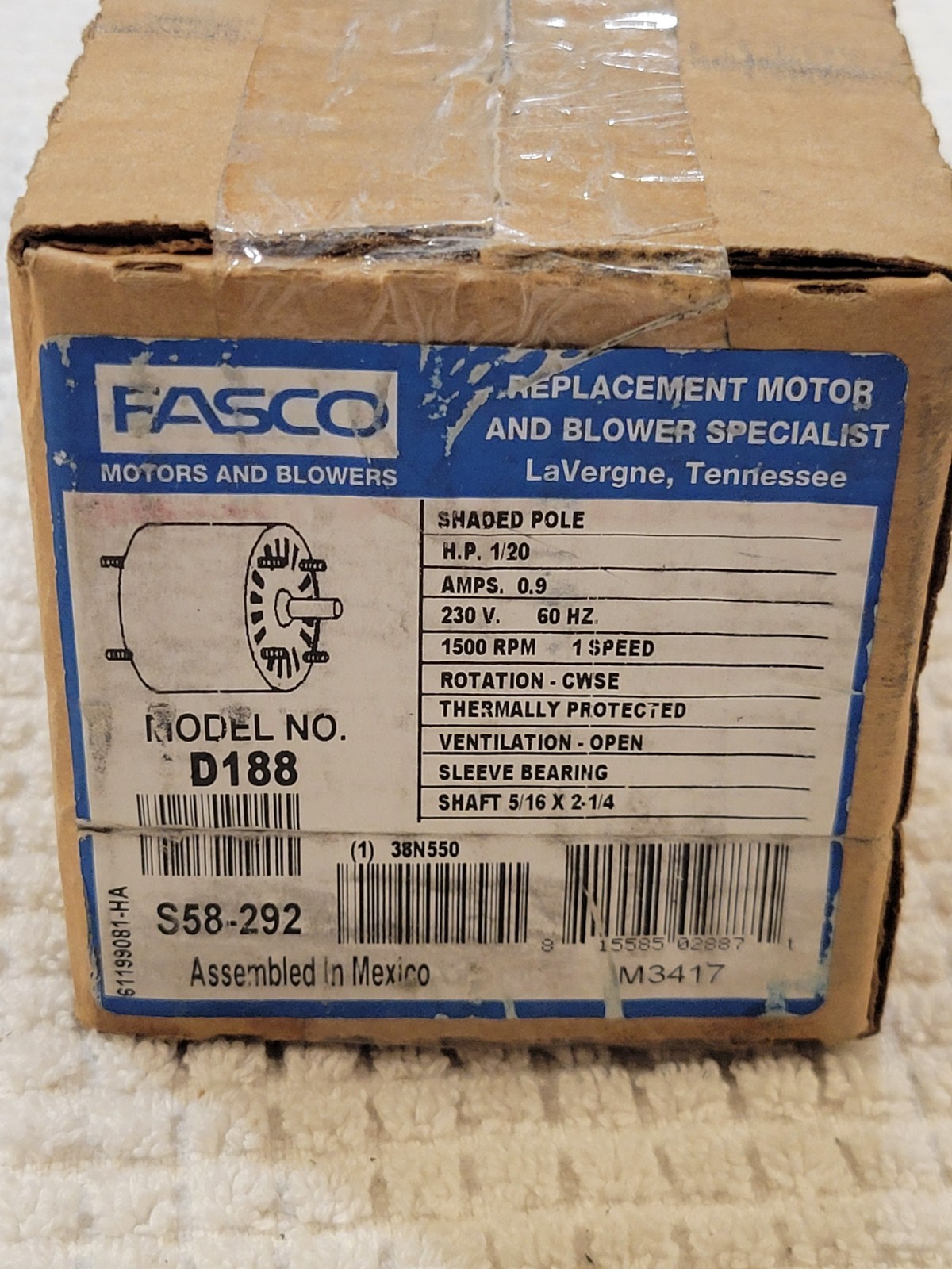 Fasco D188 Hvac Motor, 1/20 Hp, 1500 Rpm, 230V, 3.3 New in Box Free Shipping