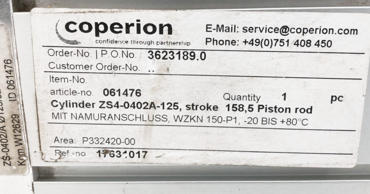 New Coperion ZS-0402A-125 Cylinder ø125/32 – 158.5 WZKN 150 P1 4-8 Bar – No Box
