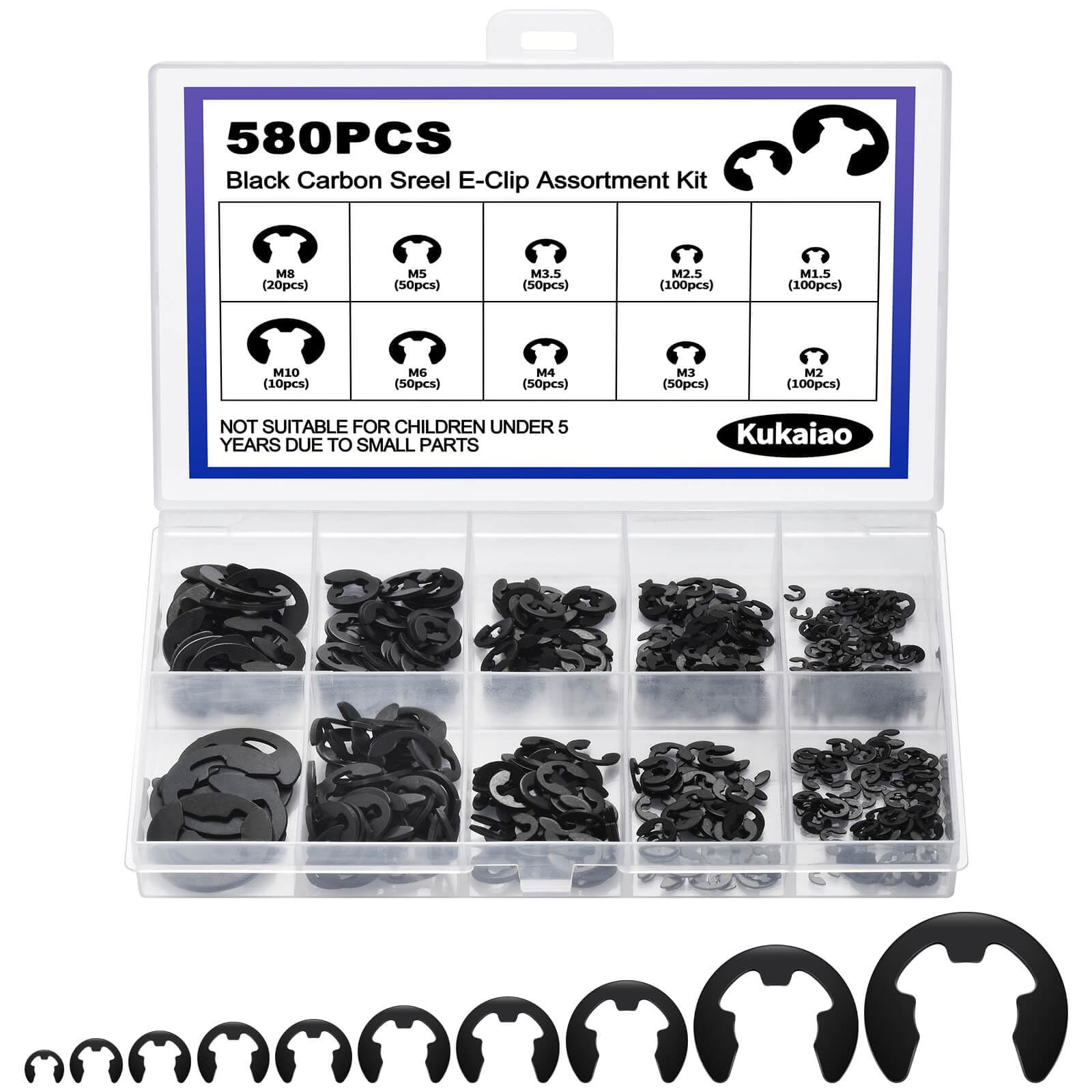 580 PCS Black Carbon Steel EClip Kit 10 Sizes Retaining Rings M1.5M10