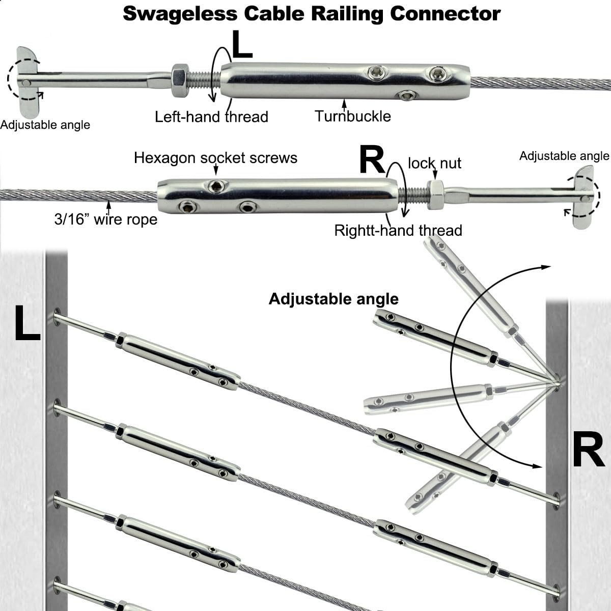 Adjustable Swageless Tensioners for 3/16″ Stainless Steel Cable Railing, 10 Pair