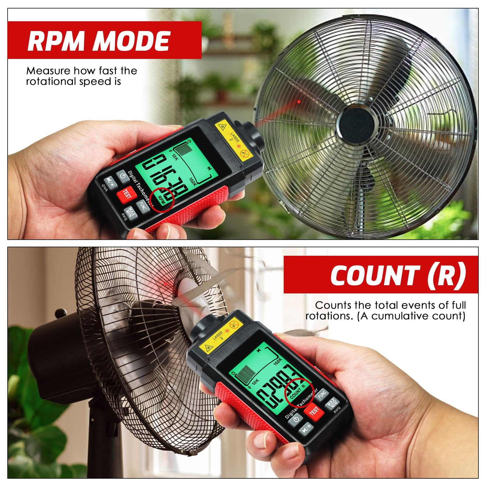 Digital RPM Tachometer NonContact Laser Speed Meter LCD Backlight Data Hold