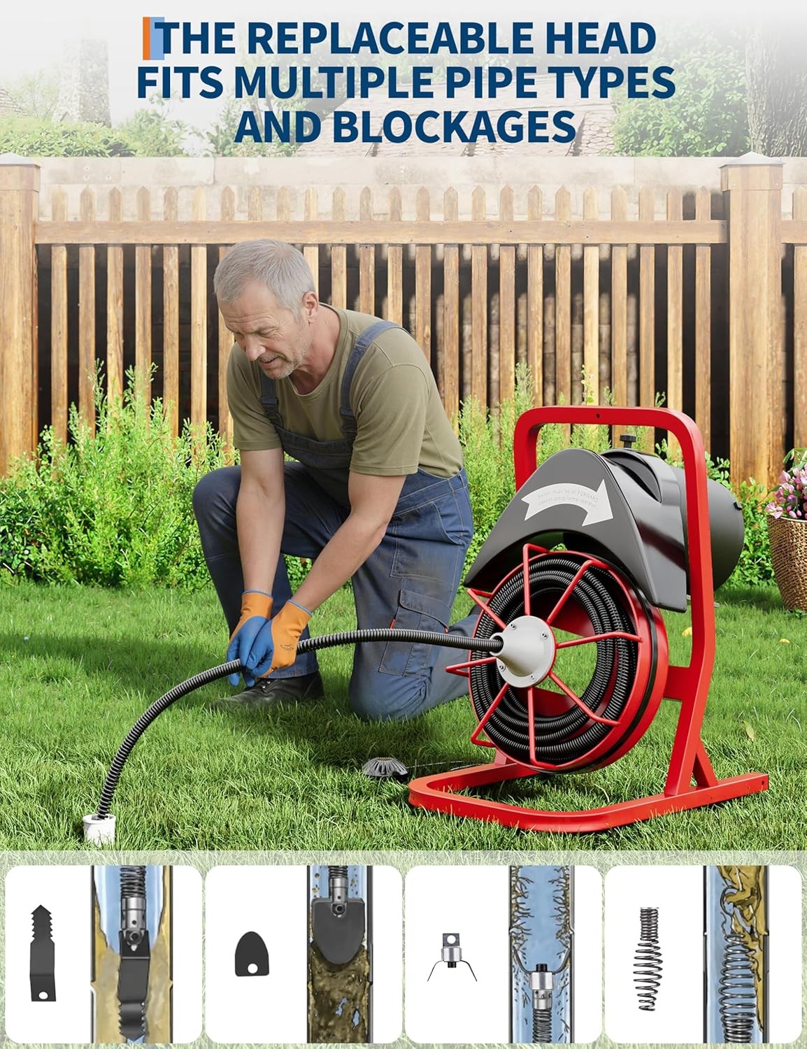 Heavy Duty 370W Portable Electric Drain Cleaner 75 FT X 1/2 in Steel Core Cable