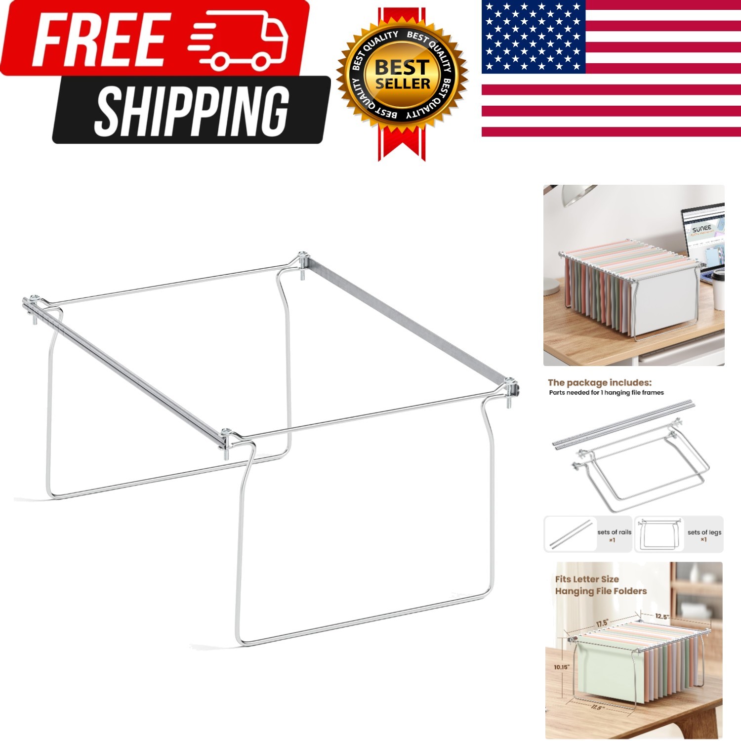 SUNEE Hanging File Folder Frame, Letter Size Files Holder Bars 17.5 Inches, Set