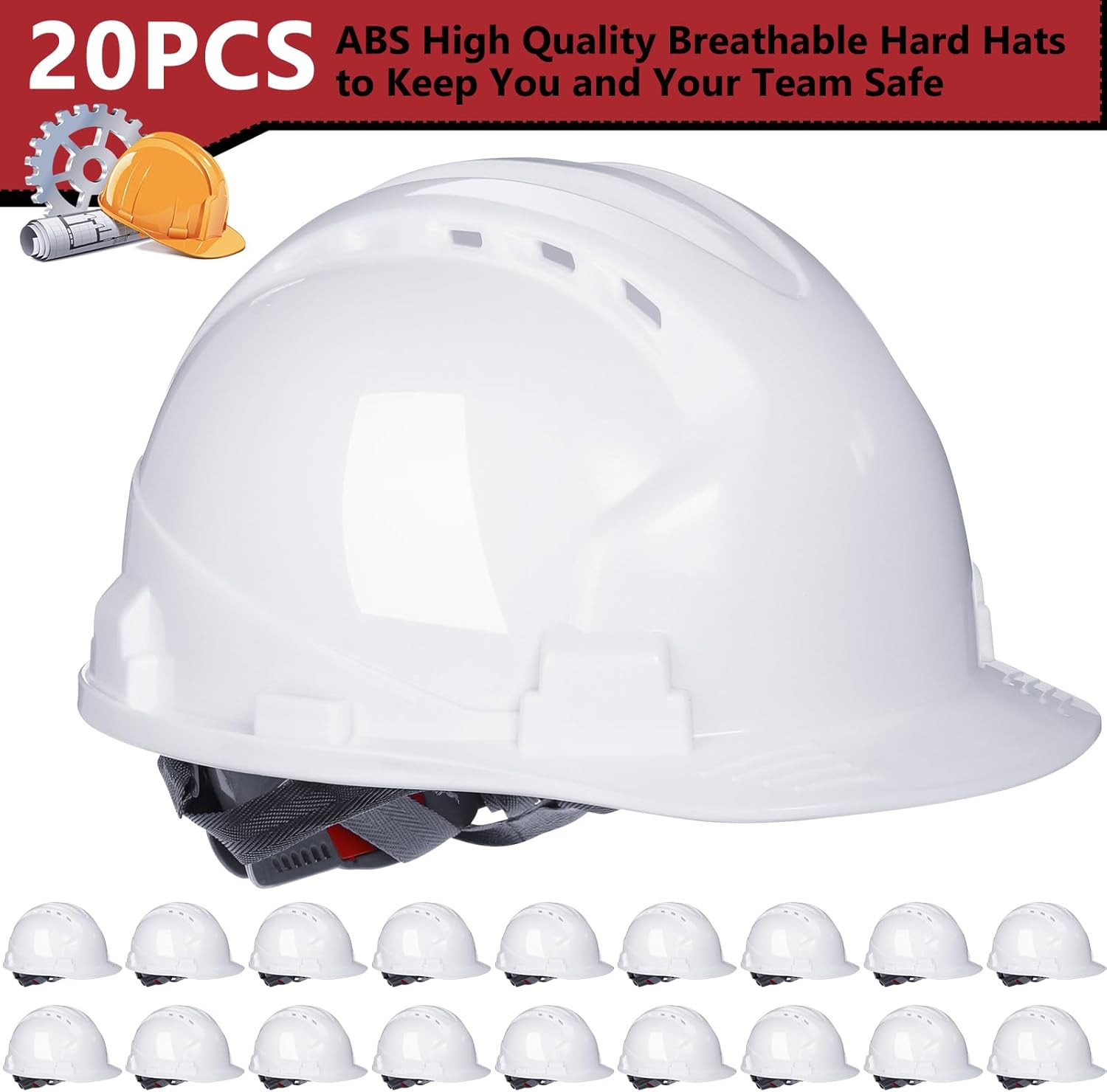 20 Pack 4 Pt. Suspension Hard Hat Bulk Safety Helmets ABS Ratchet Hard Hats Adju