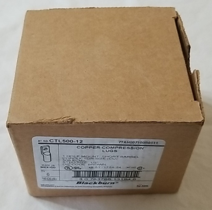 6 BlackBurn Copper Compression Lugs 1 Hole Short Barrel CTL500-12 500 kcmil Wire