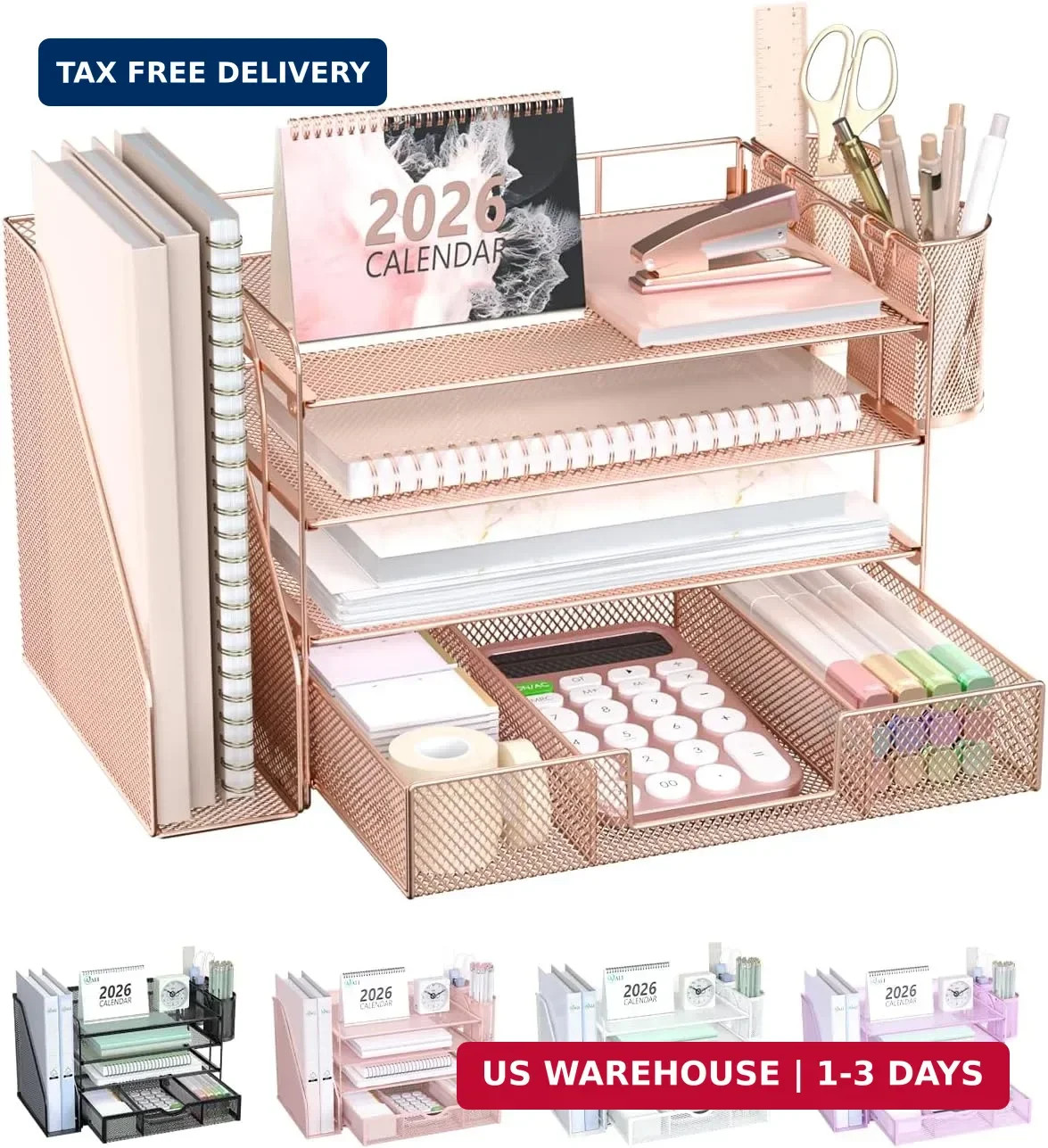 WALI Desk File Organizer, 4 Tier Desktop Paper Letter Tray Organizer with Drawer