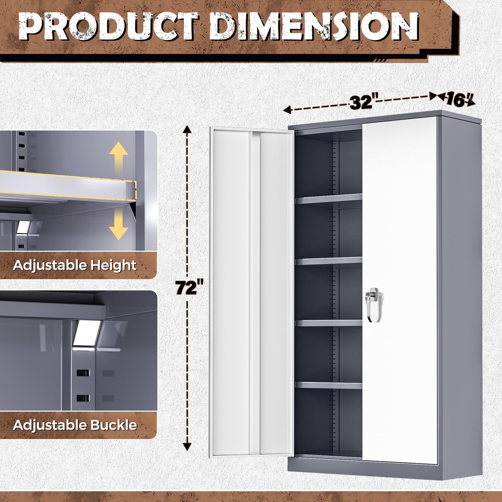 Metal Lockable Cabinet 72″H 2 Doors 4 Adj. Shelves Gray White Assembly Required