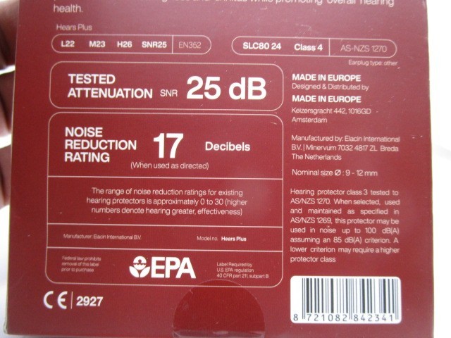 Hears BURGUNDY BREEZE Premium earplugs Noise Reduction 17 decibels 25 dB NIB