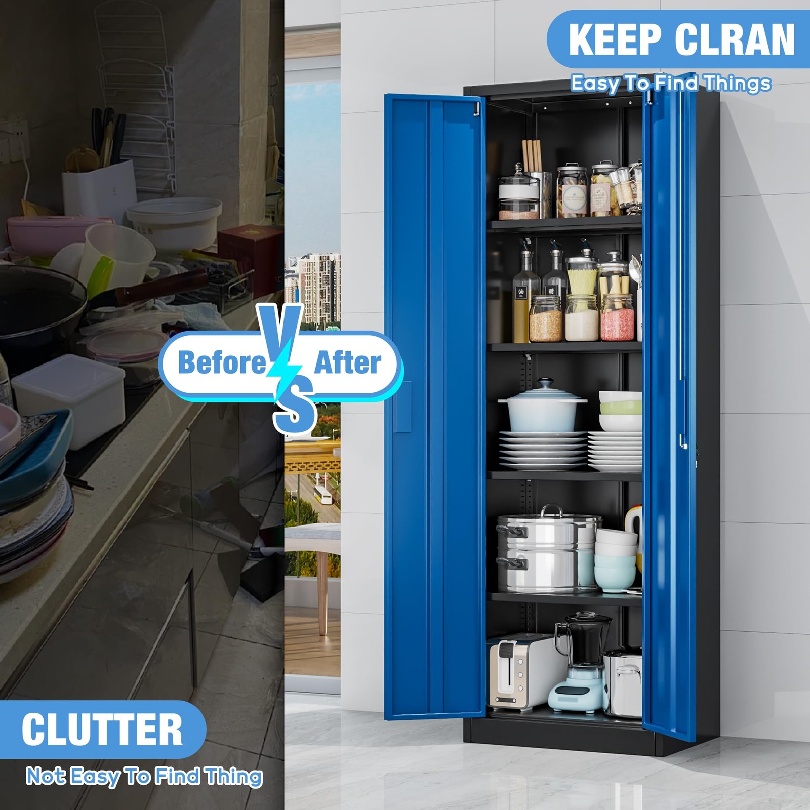 24″ W Metal Storage Cabinet with Locking Doors and Adjustable Shelves Black Blue
