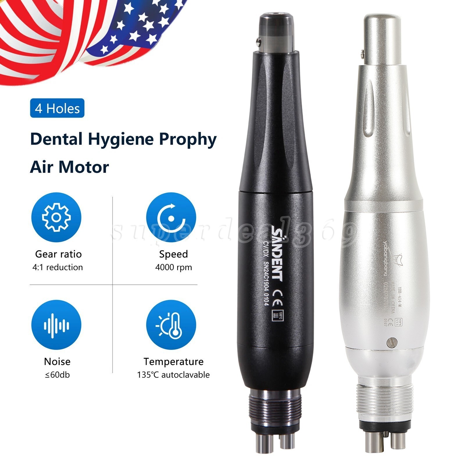 360°Swivel Dental Hygiene Prophy Handpiece Air Motor 2/4Hole 4:1 Nose Cone Color