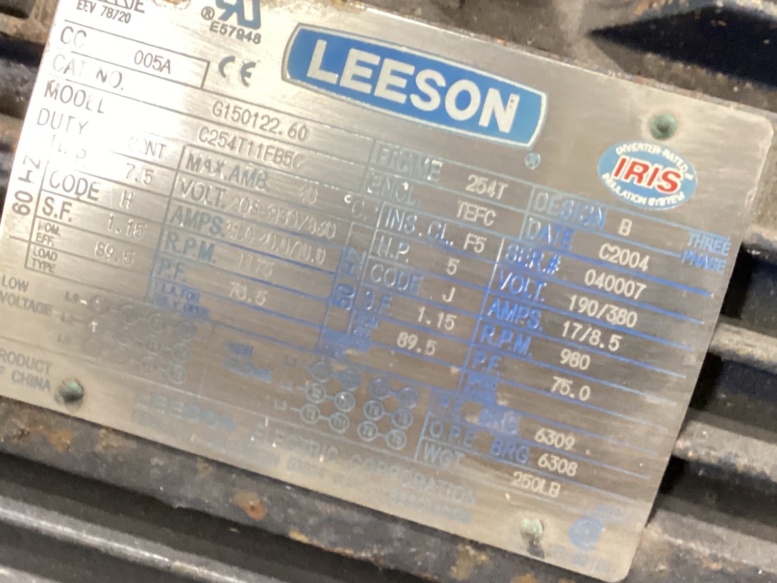 LEESON G150122.60 / C254T11FB5C Electric Motor 7.5HP 254T Frame 1175RPM #150JM