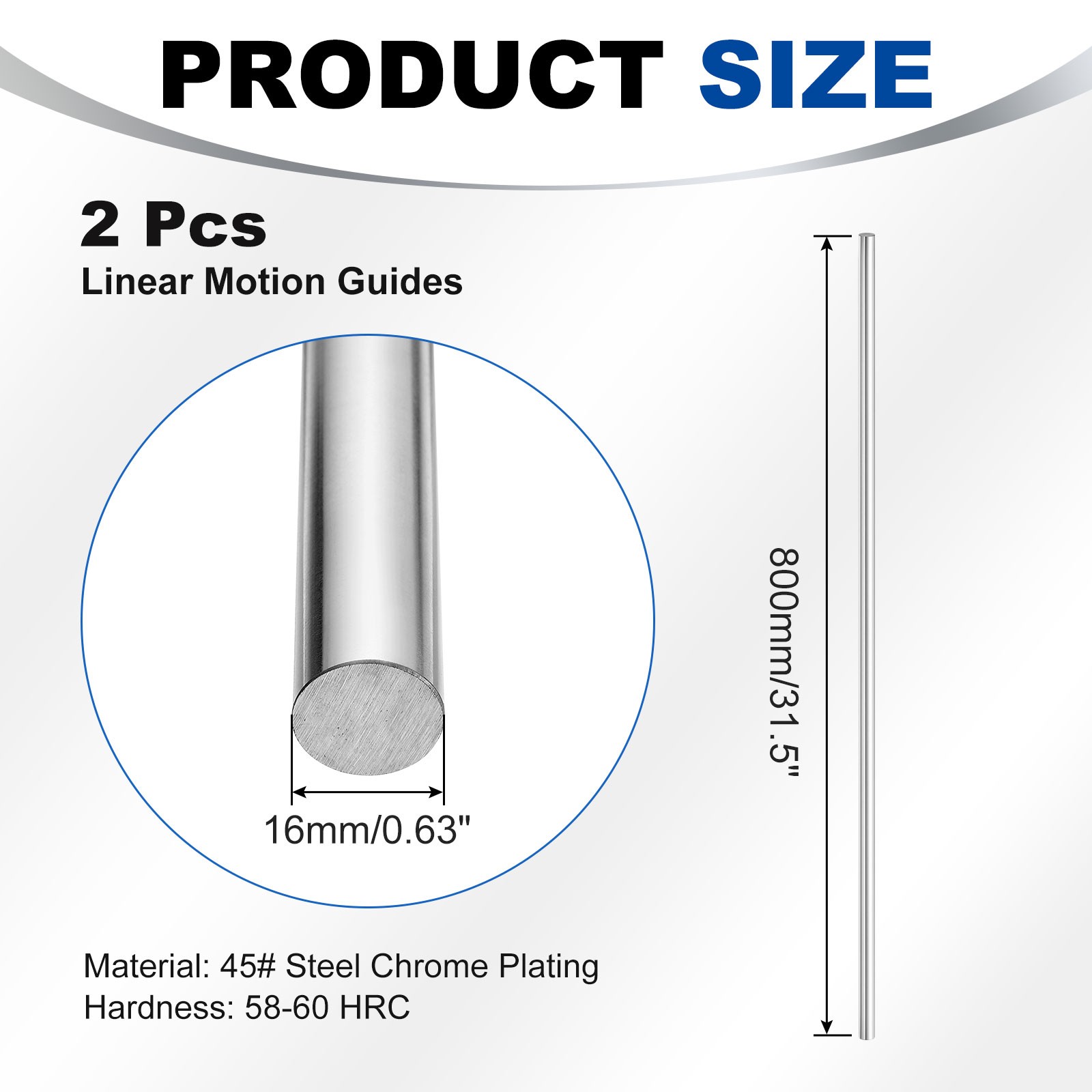 Linear Motion Rods, 2Pcs 16mm x 800mm(0.63″x31.5″) Linear Rail Rod Shaft Guide