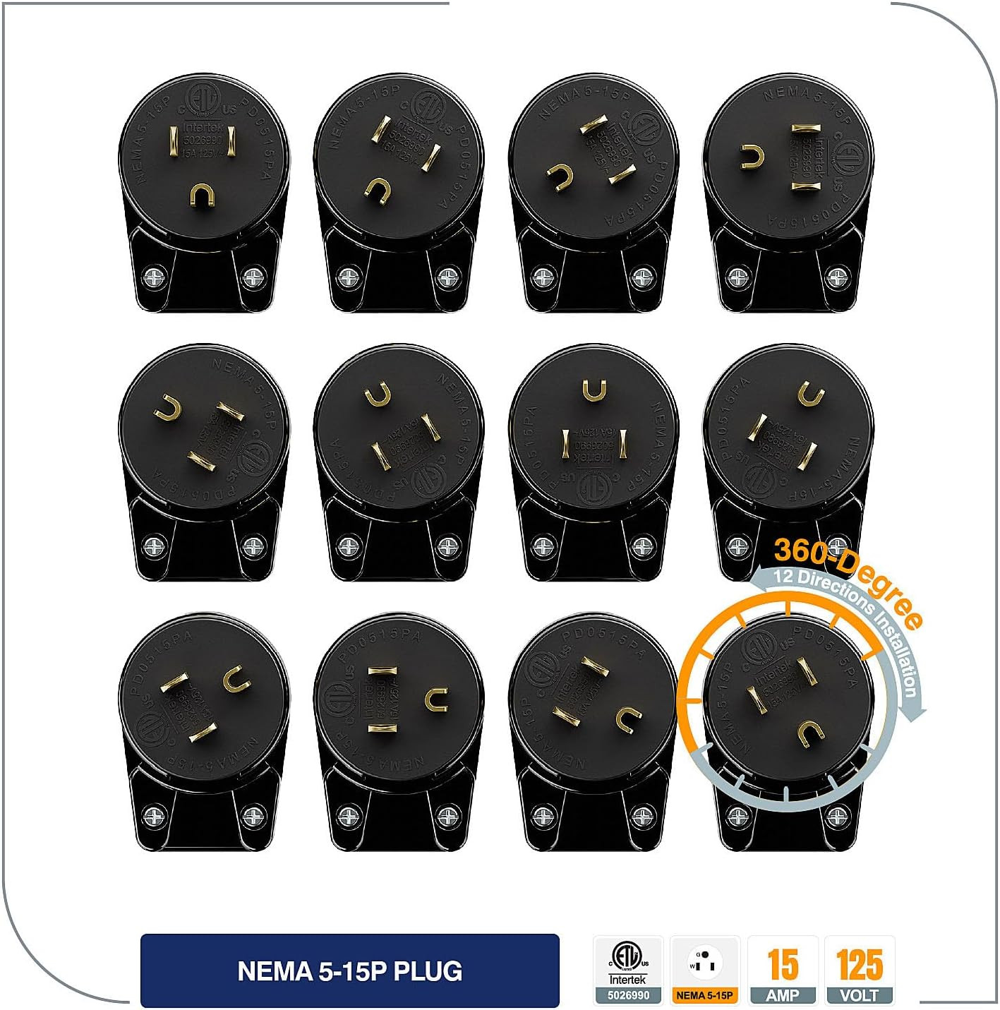 (3PACK) ETL Listed 90 Degree USA Canada Male Plug Nema 5-15P 3 Pole Angle DIY Pl