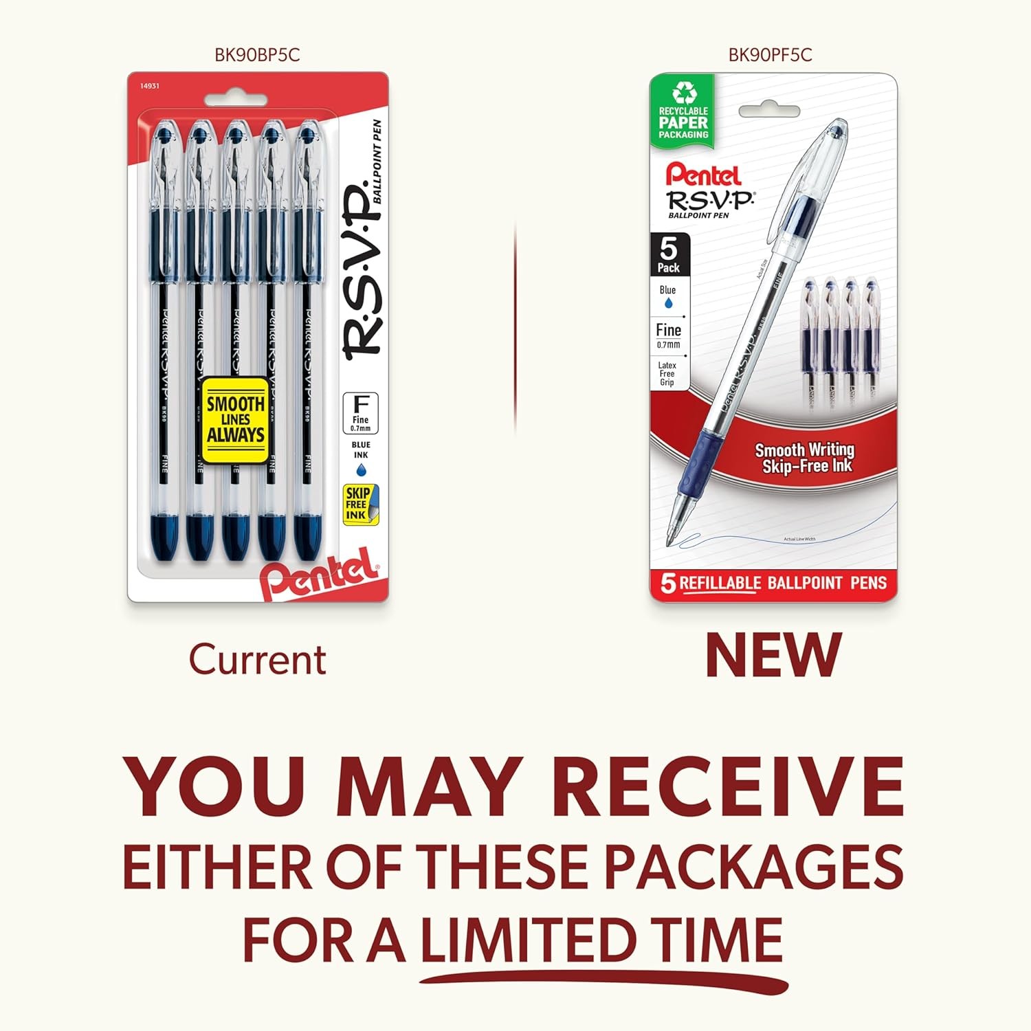 RSVP Ballpoint Pen, Fine Line, (0.7mm), Blue Ink (BK90BP5C) (Pack of 1, 5 Count