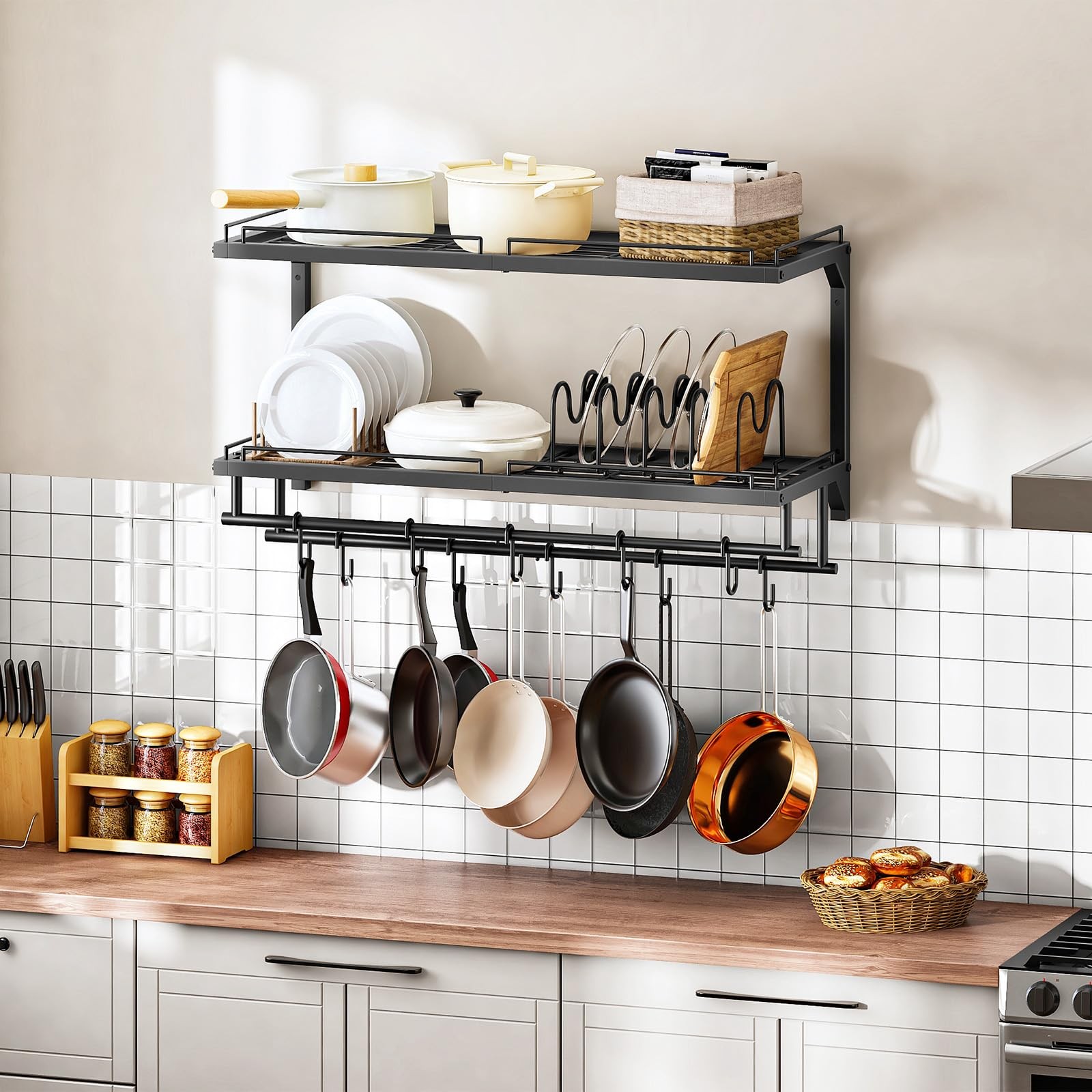 CHOEZON Pot Rack, Wall Mounted Pan Holder, 2-Tier and Large, Black