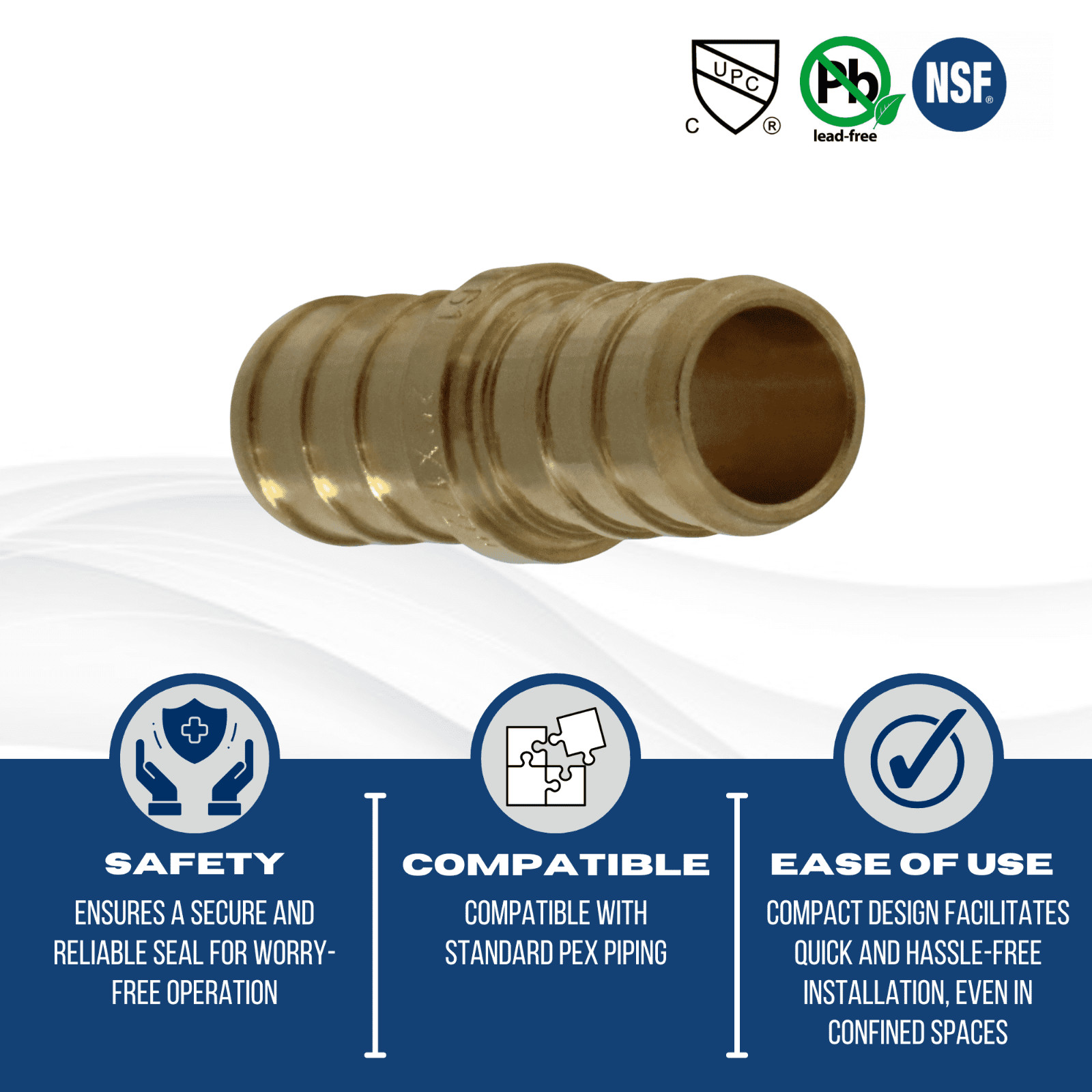 100 Pcs. 1/2″ Pex Coupling – Lead Free Brass Crimp Coupling 23-3-4=100