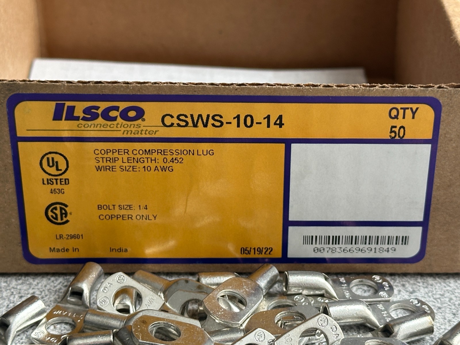 NEW Box of 50 Ilsco CSWS-10-14 Compression Lugs 1-Hole Copper 10 AWG, 1/4″ Stud