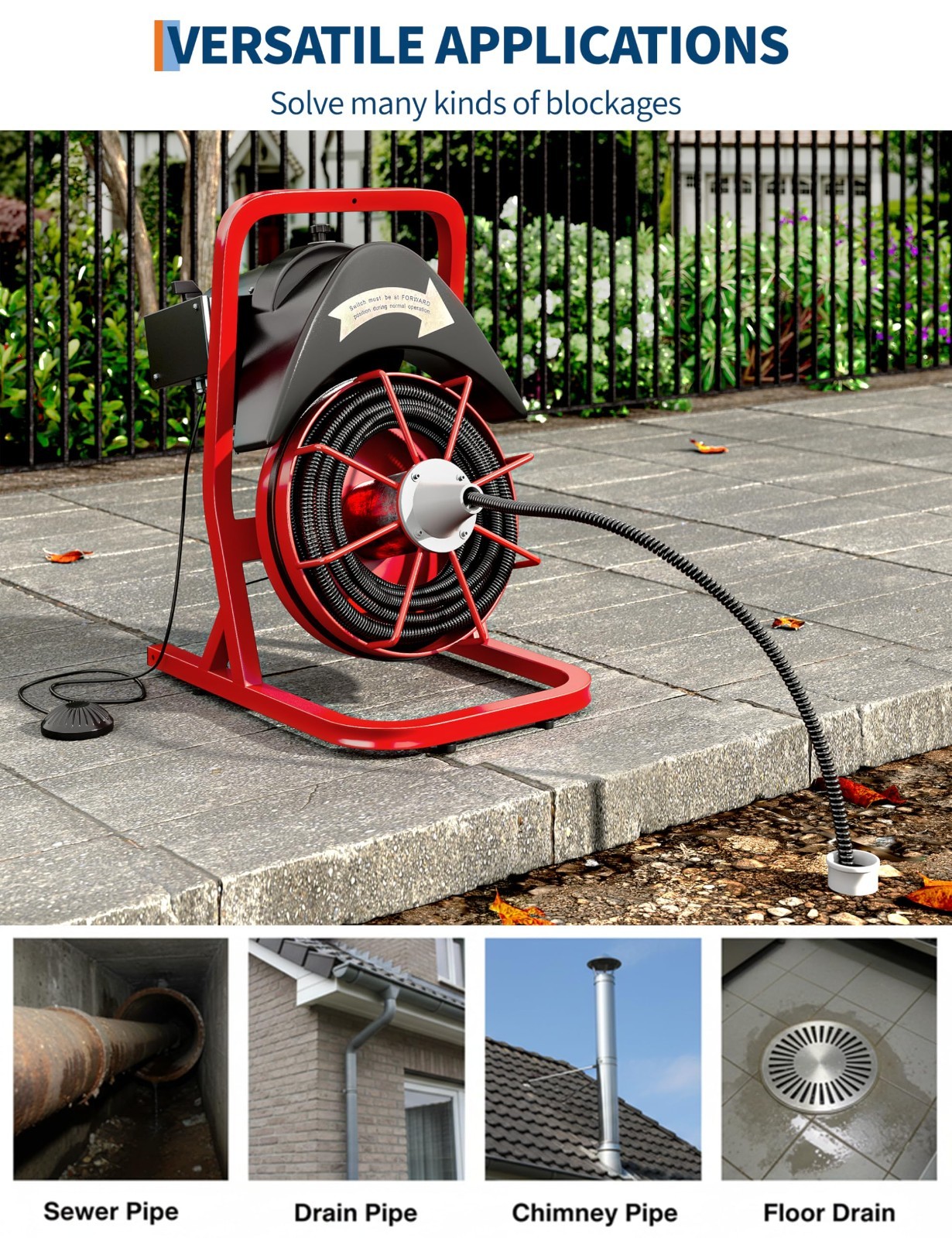 Drain Cleaner 75FT x1/2 In Steel Core Cable 370W Electric Drain Cleaning Machine