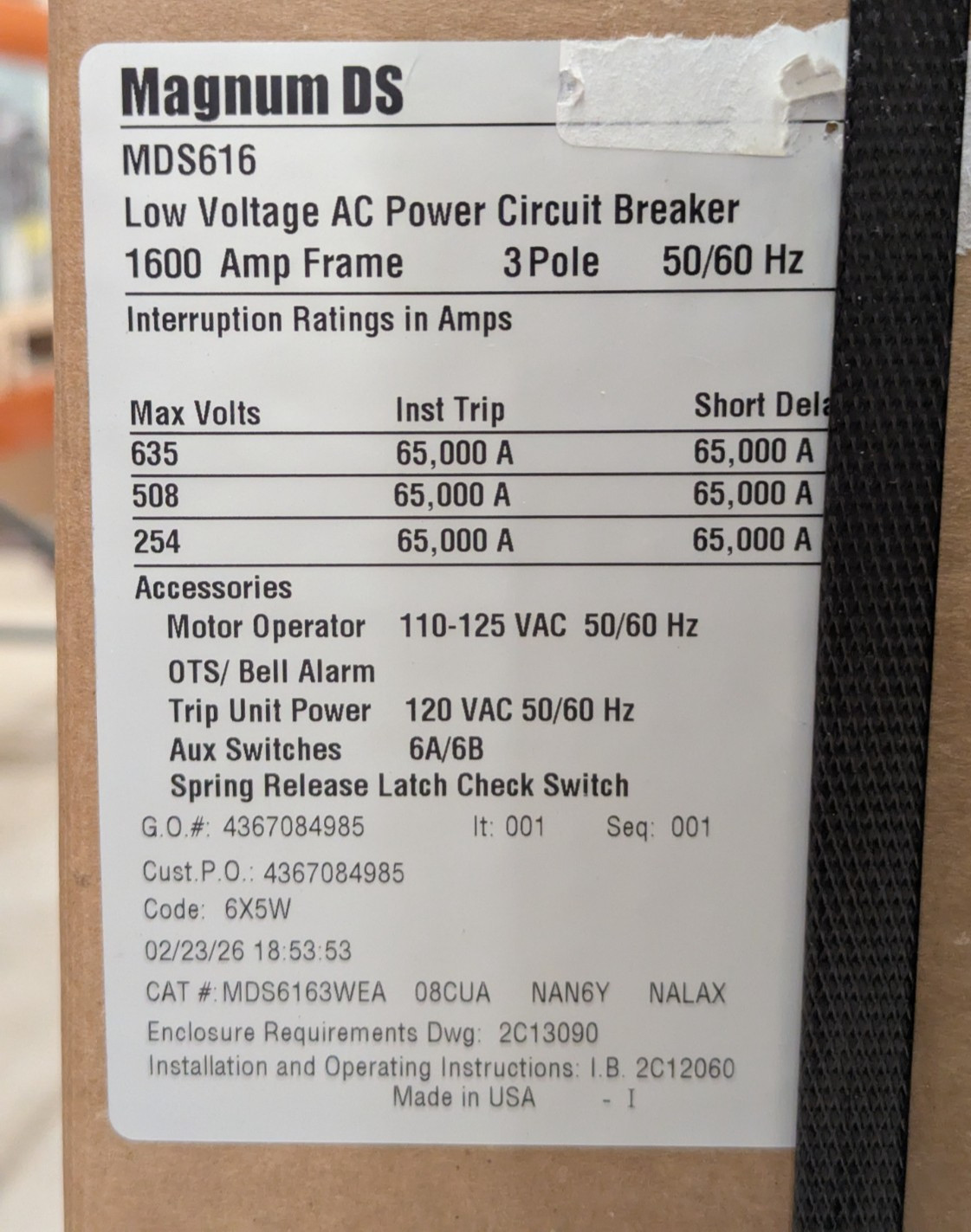 EATON CUTLER-HAMMER MAGNUM DS MDS6163WEA 1600AMP LOW VOLTAGE AC CITCUIT BREAKER