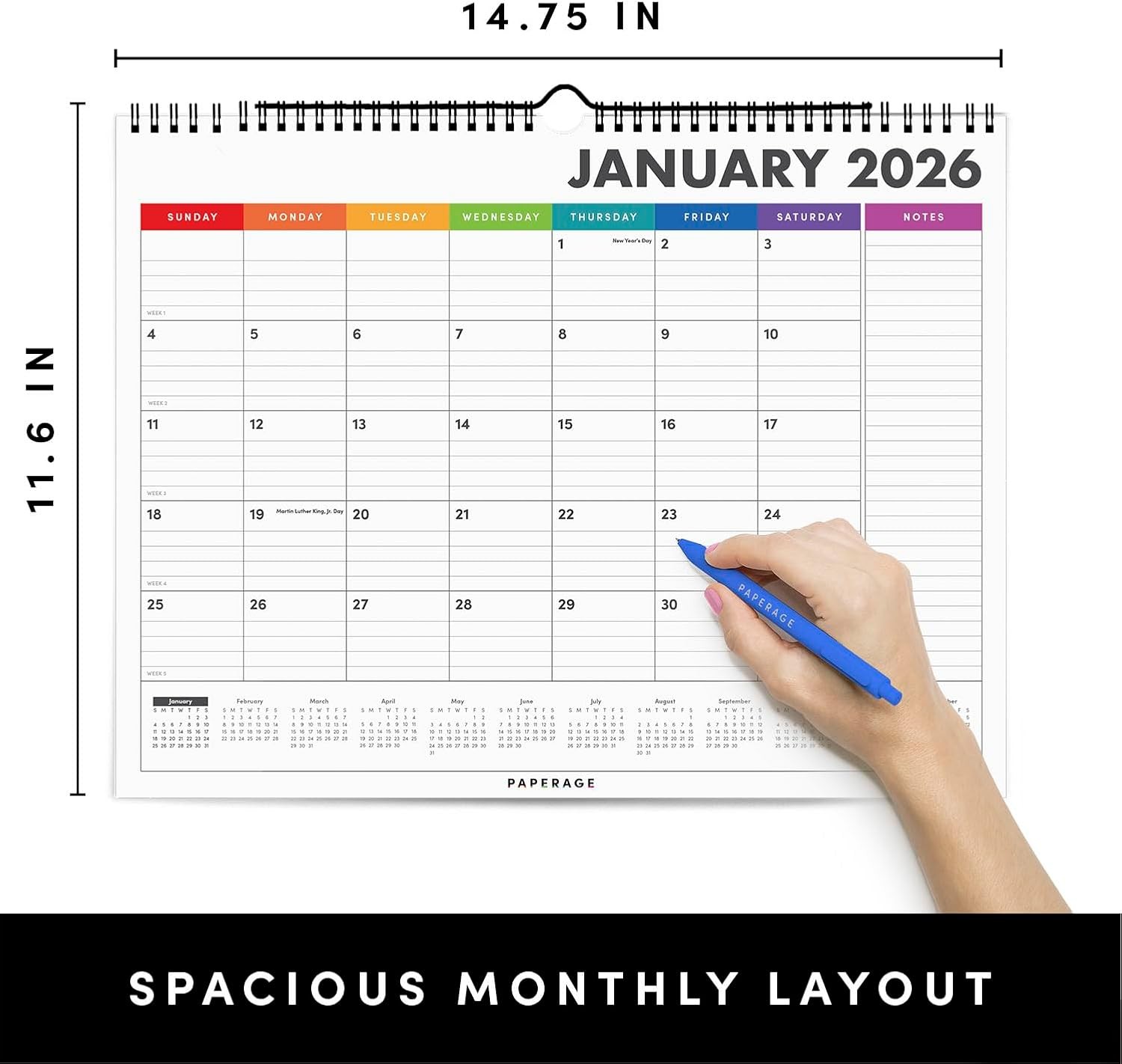 PAPERAGE 2026 Calendar, 12 Months (January 2026 – December Medium, Rainbow