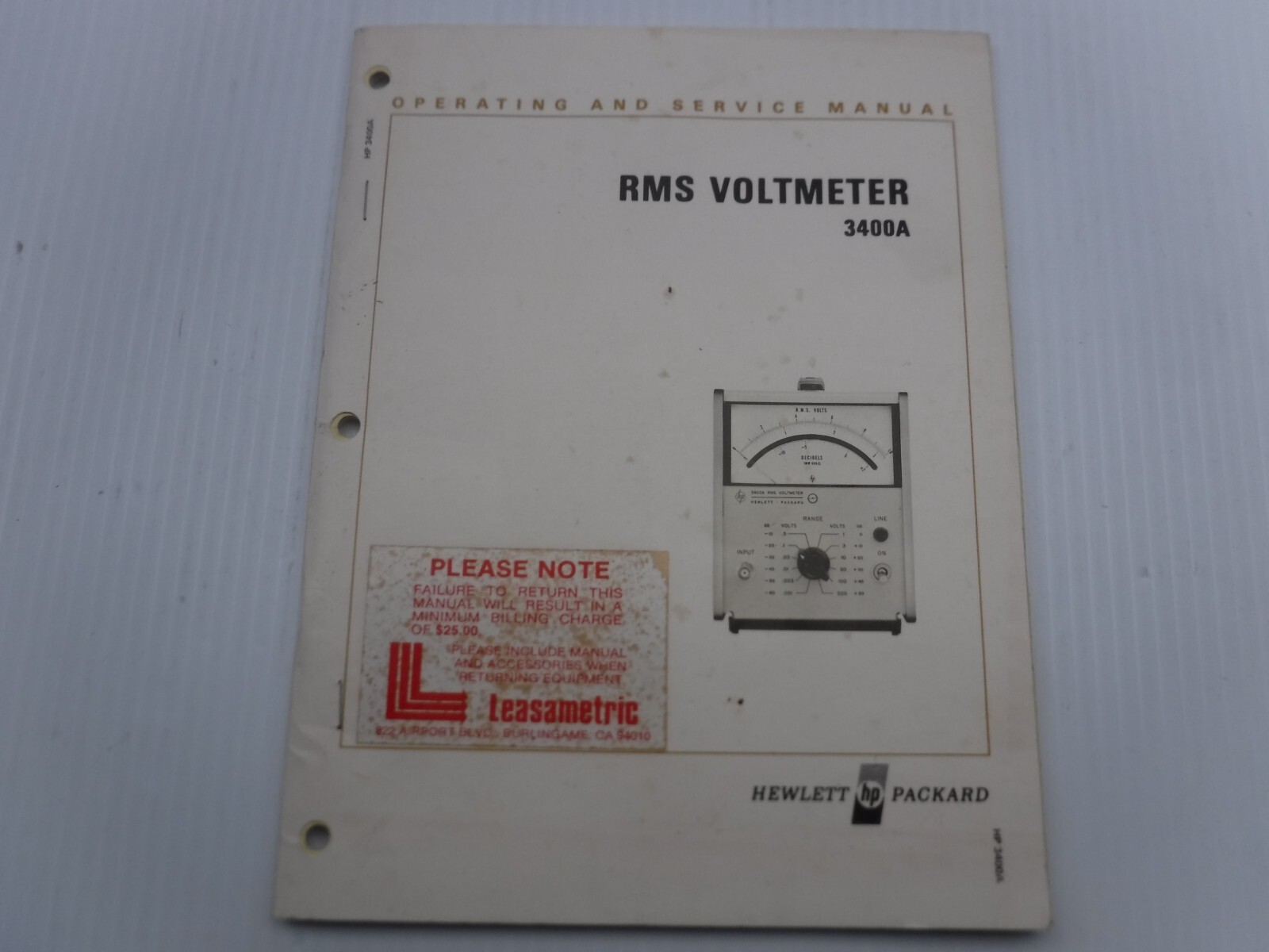 Hewlett Packard 3400A RMS Voltmeter Manual 03400-90008