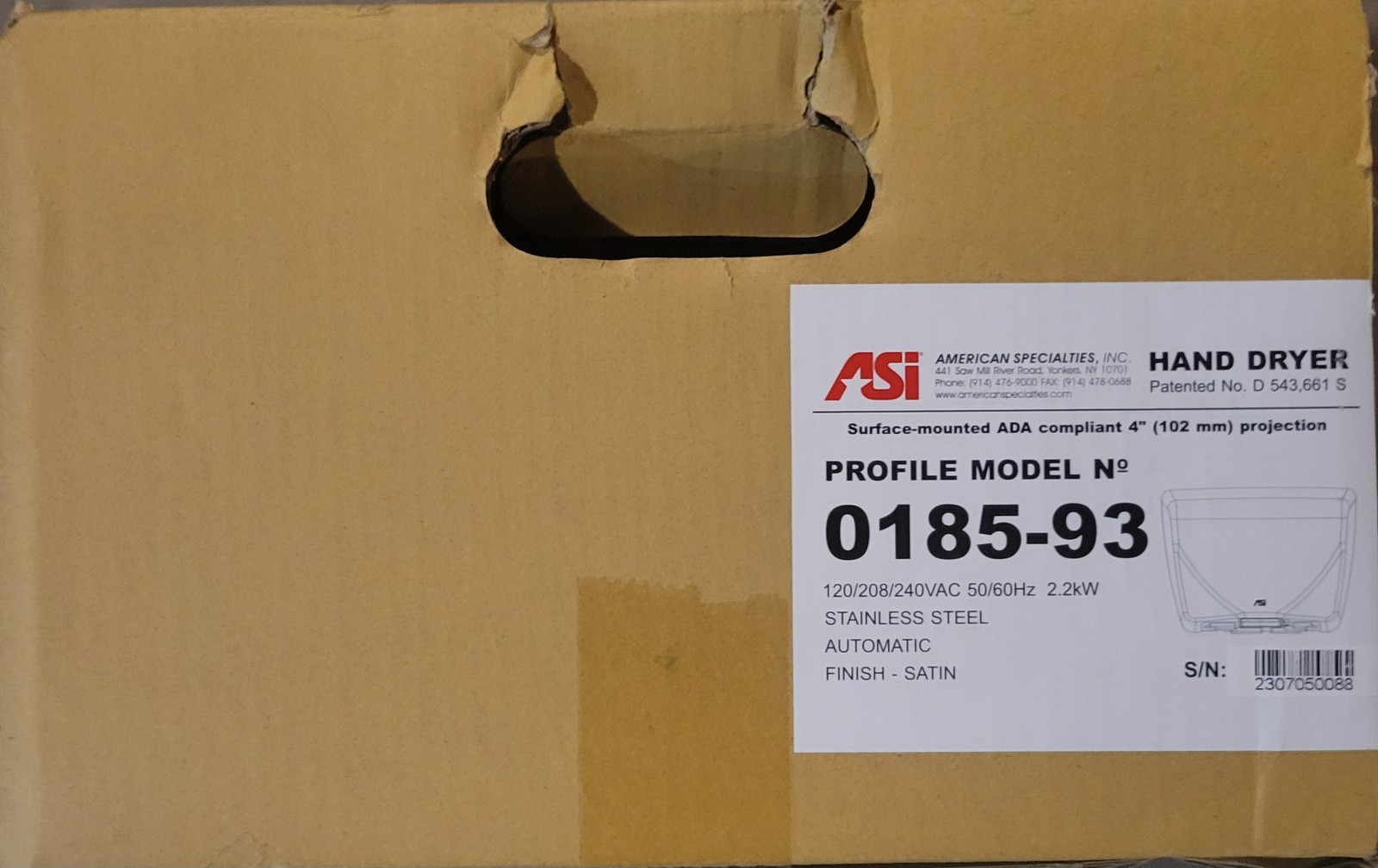 ASI American Specialties Hand Dryer New In Box Model 0185-93