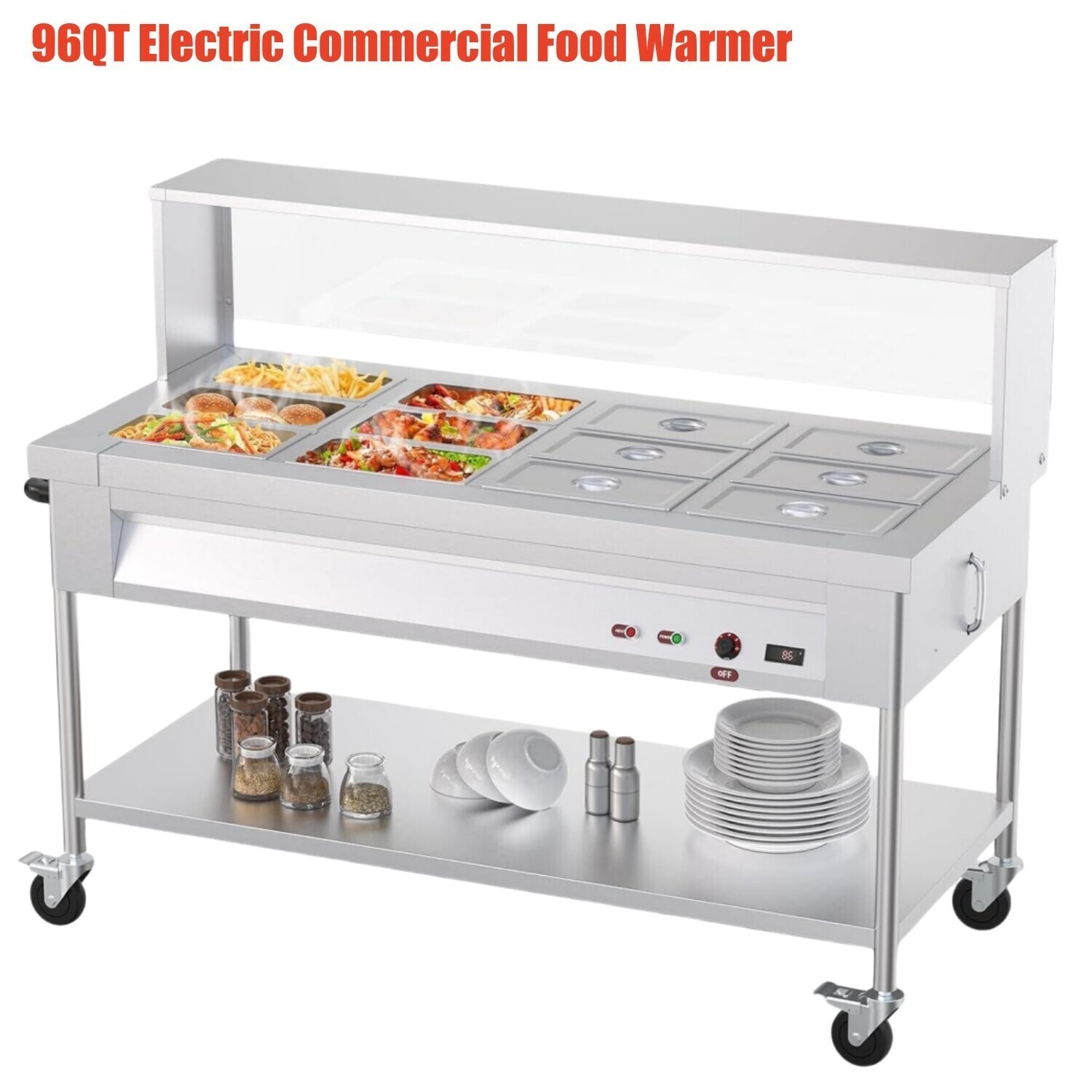 96QT Steam Table 12x8QT Electric Commercial Food Warmer 12 Pan with Wheel 1500W