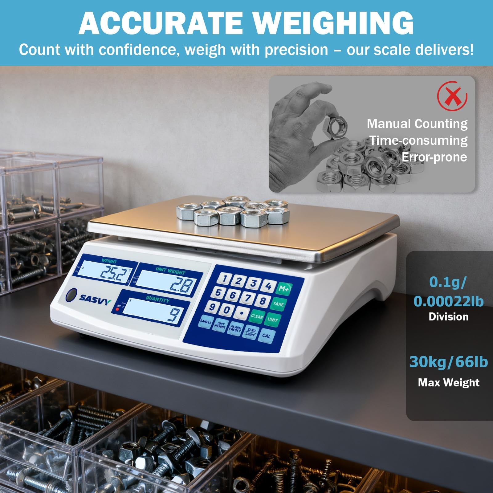 Counting Scale (66lb/30kg, 0.1g) lb/oz/kg/g Industrial Digital Inventory Scal…