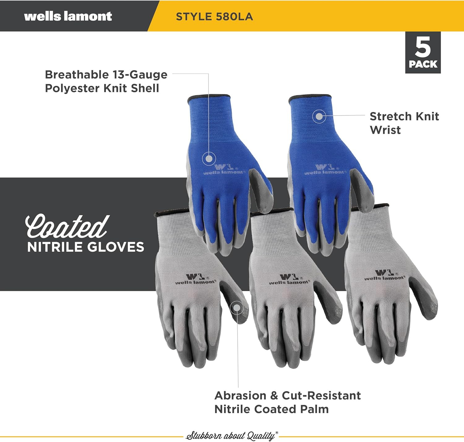 Wells Lamont Pack Nitrile Work Gloves | Lightweight, Abrasion Resistant, Blue/Gr