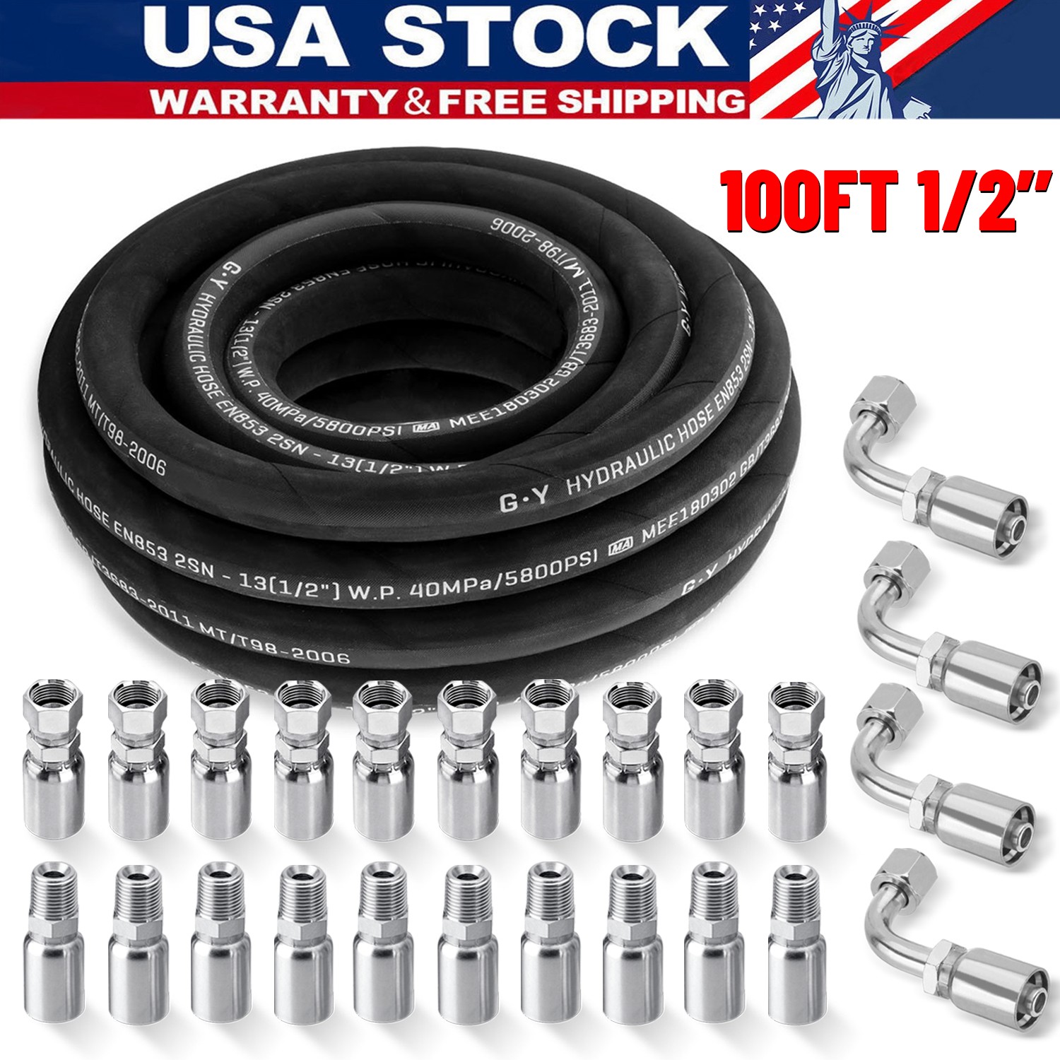 100 Feet 1/2″ HYDRAULIC HOSE WITH 24 FITTINGS TWO WIRE HOSE 40MPa / 5800 PSI NEW