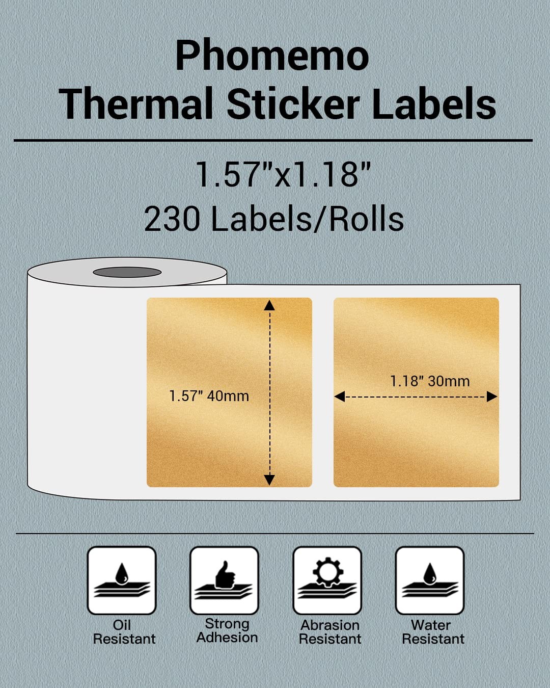 Phomemo Thermal Sticker Labels- 1.57″x1.18″(40x30mm) 1.57″x1.18″, Golden