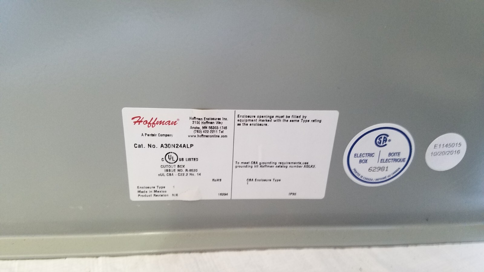 A30N24ALP HOFFMAN Medium Type 1 Enclosure 30.00×24.00×6.62 Steel Gray – New