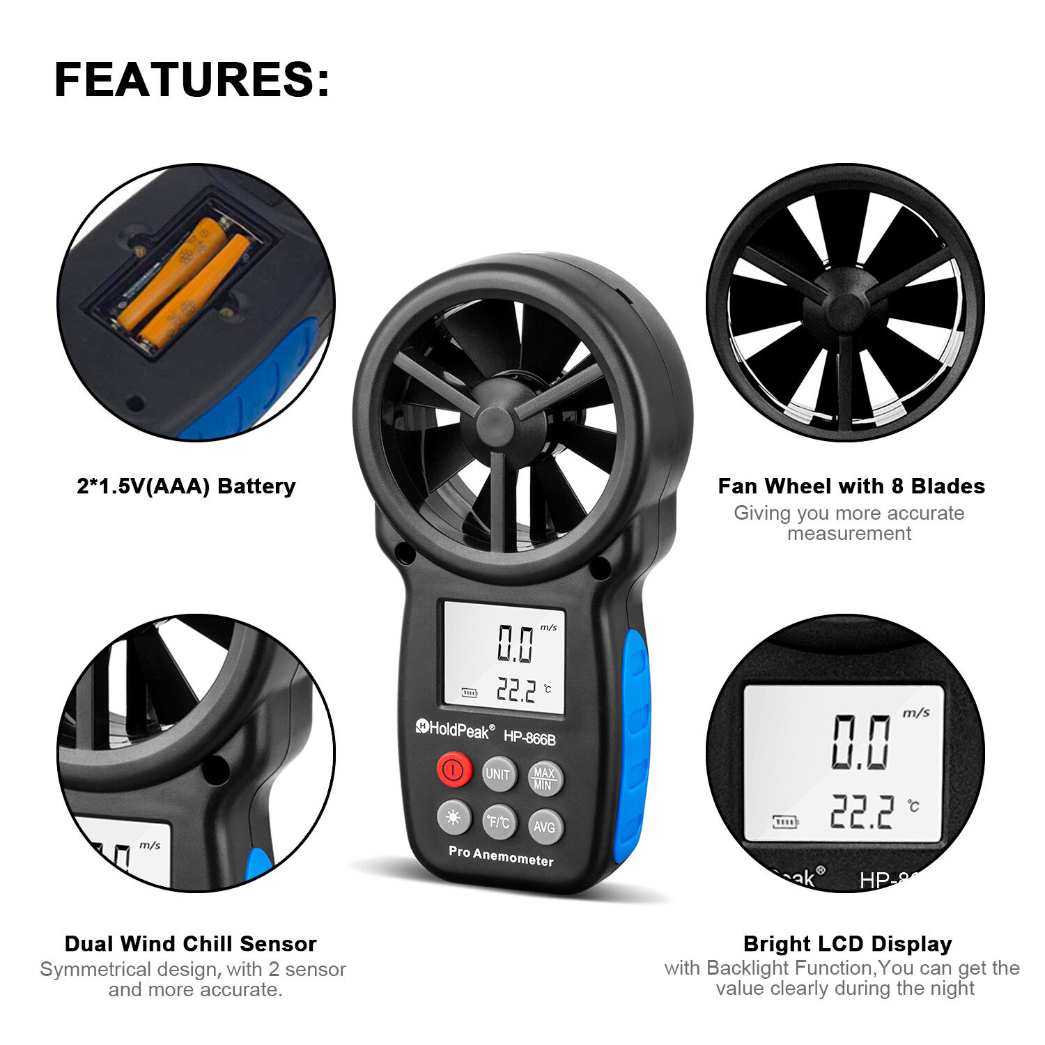 HoldPeak Wind Speed Meter Handheld Anemometer Air Flow MAX/MIN/AVG Temperatur