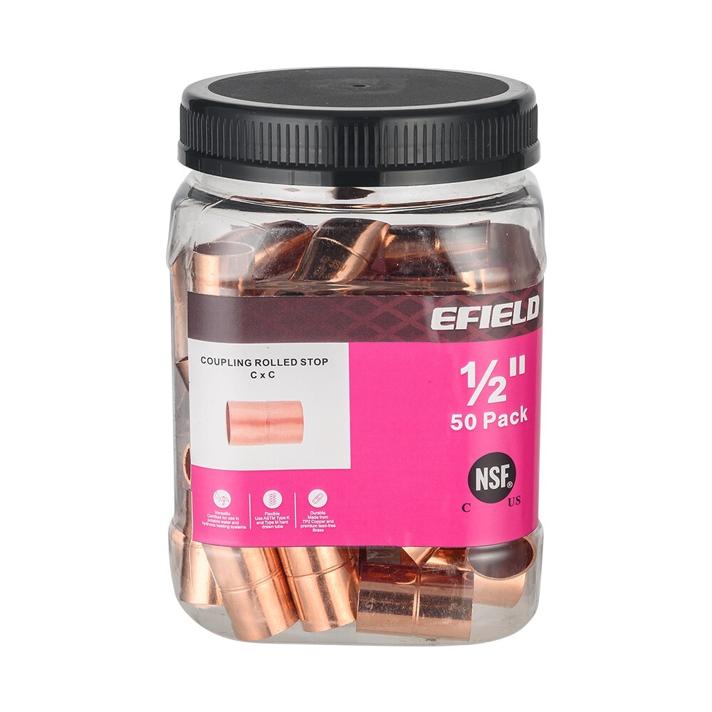 100 PCS EFIELD 1/2″ C X C Copper Coupling With Rolled Stop, Lead Free, Pro Pack