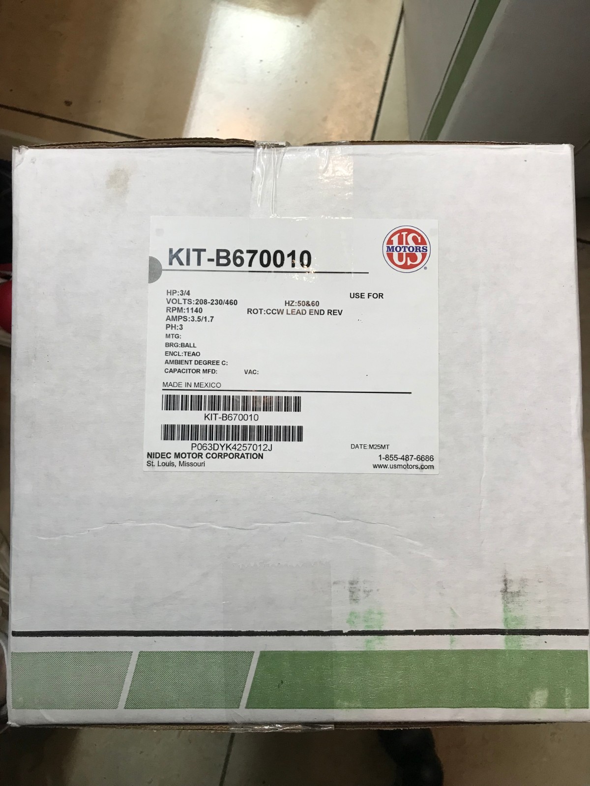 Liebert Kit-B670010 Motor, 208-230/460V, 3/4 Hp NEW SEALED IN THE BOX! US MOTORS