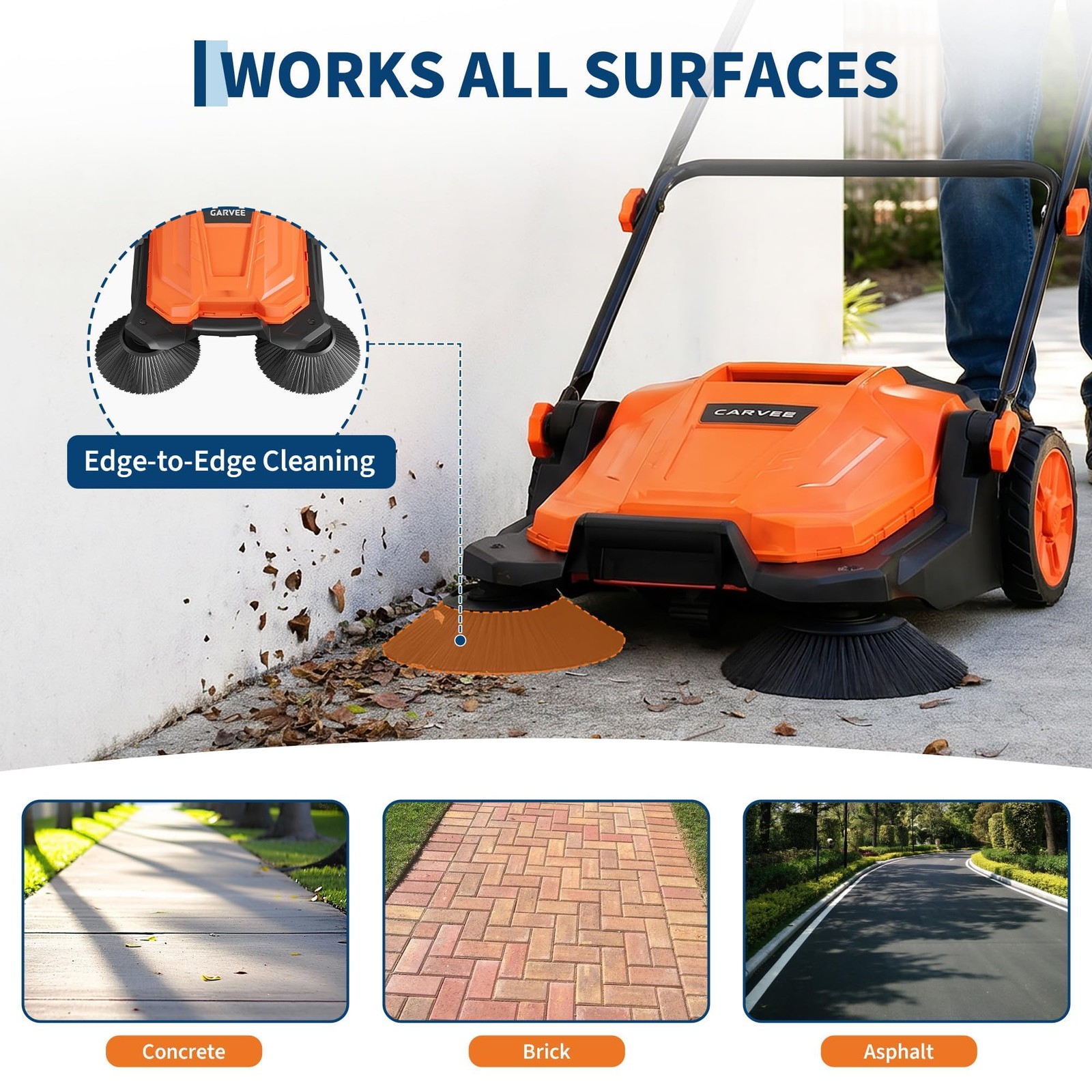 Walk-behind Hand Push Floor Sweeper w/25.6″ Width & 5-Gallon Waste Container