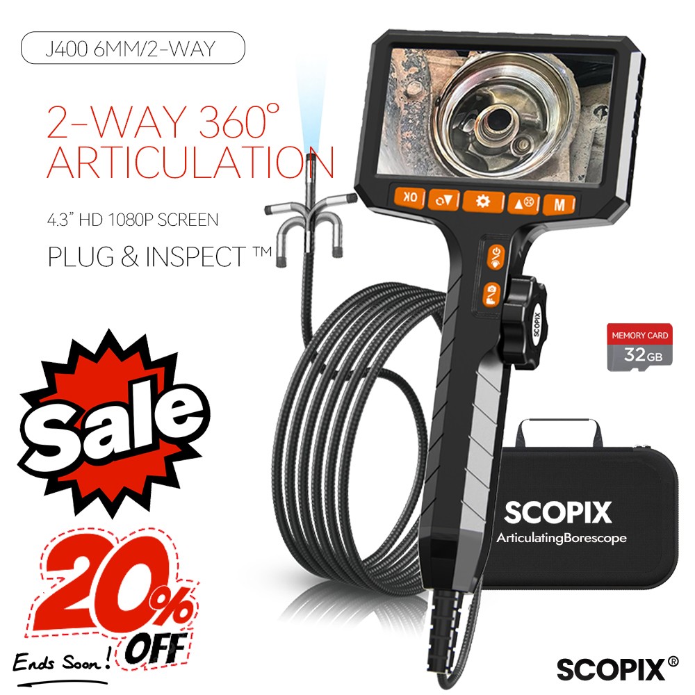 SCOPIX 2-Way Articulating Borescope Camera w/ Light Endoscope 360° Inspection