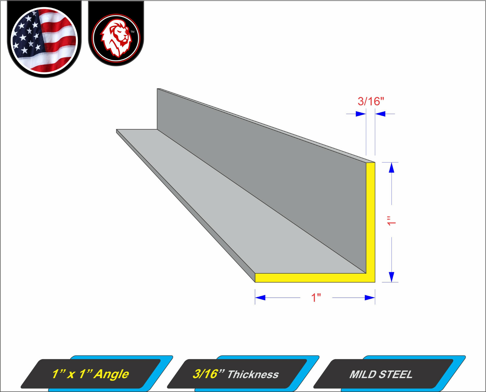 1″ x 1″ Metal Angle Bar – 3/16″ gauge – Mild Steel – 12″ Inch Long (1-ft)