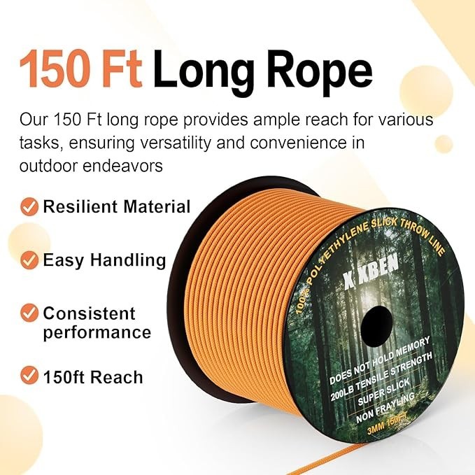 XBEN Arborist Throw Line Kit – 150ft Slick Rope 150FT Rope with 9 Oz Throw Bag