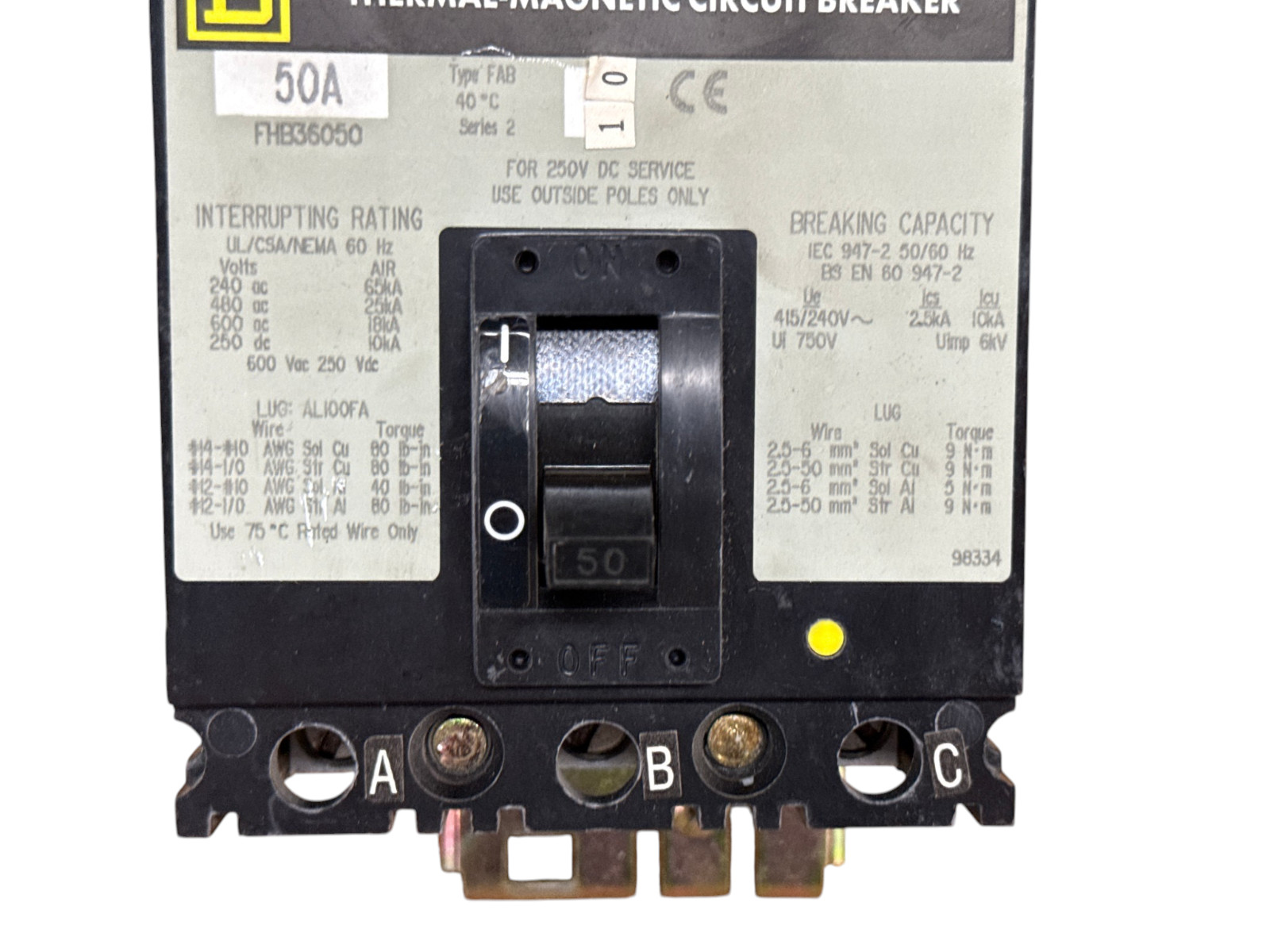 SQUARE D FHB36050 50A 3-POLE 600V FH F-FRAME I-LINE 25KA@480V CIRCUIT BREAKER