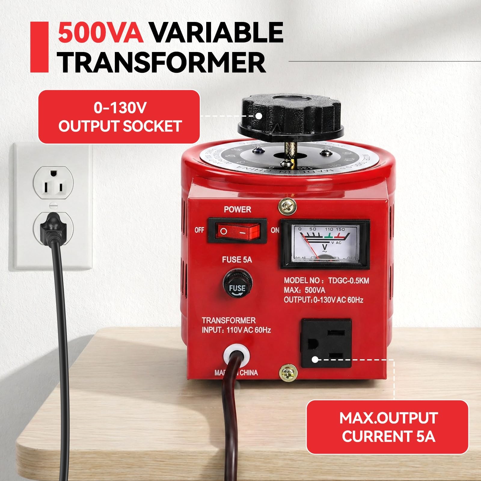 500VA Adjustable Voltage Transformer, 110V Input 0-130V Output AC Voltage…