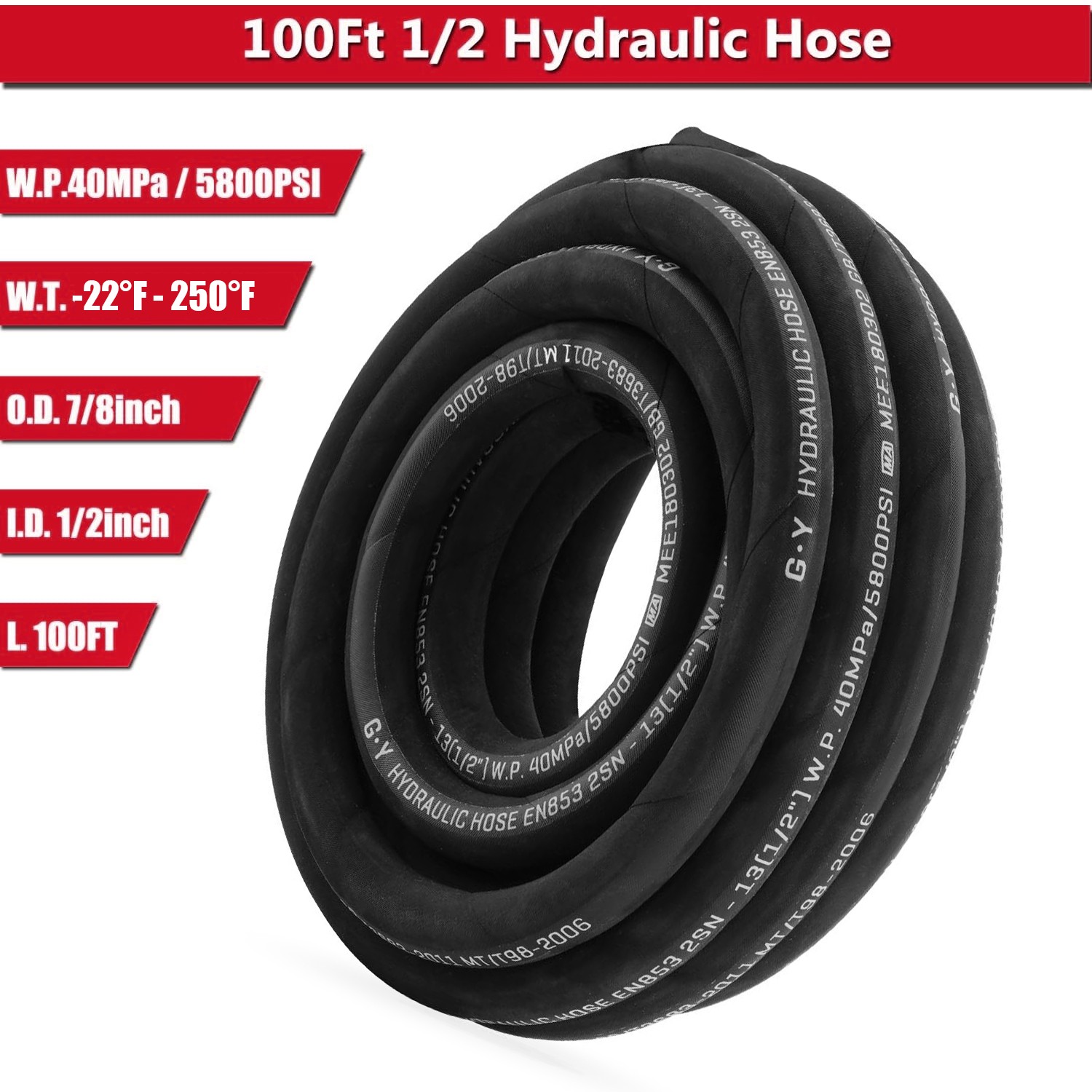 100 Feet 1/2″ HYDRAULIC HOSE WITH 24 FITTINGS TWO WIRE HOSE 40MPa / 5800 PSI NEW