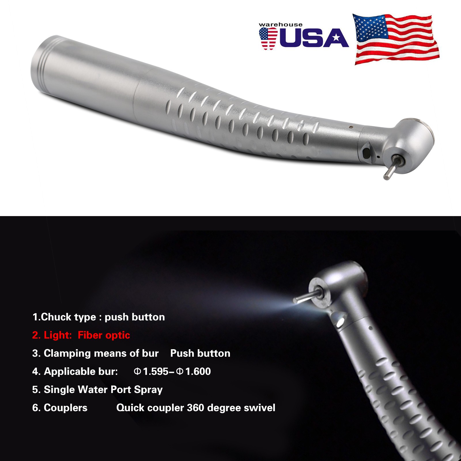 10X Dental Fiber Optic LED High Speed Handpiece Standard Head fits KAVo Coupler
