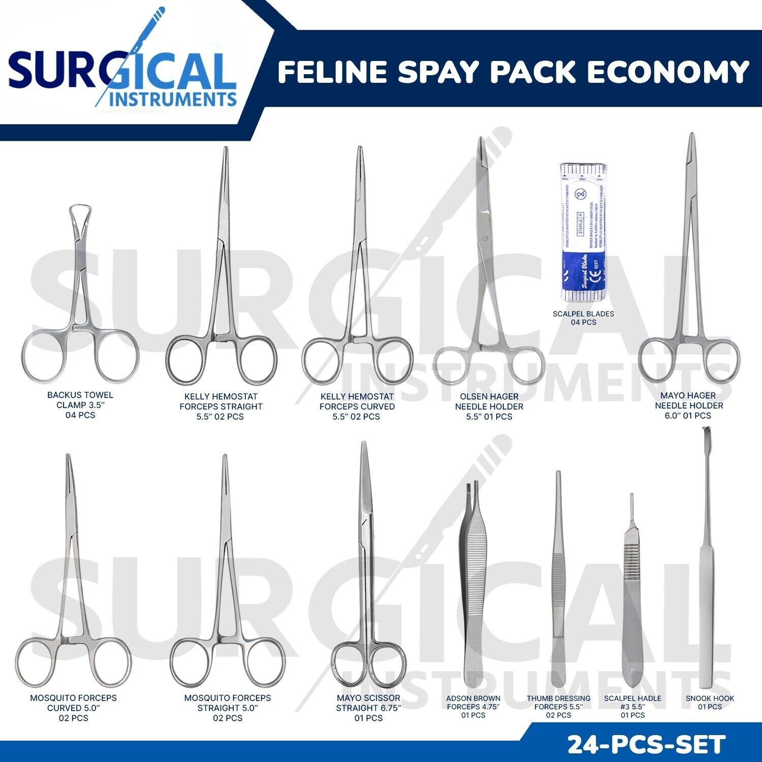 24 Pcs Feline Spay Pack Set Kit Economy Stainless Steel Surgical Veterinary Inst